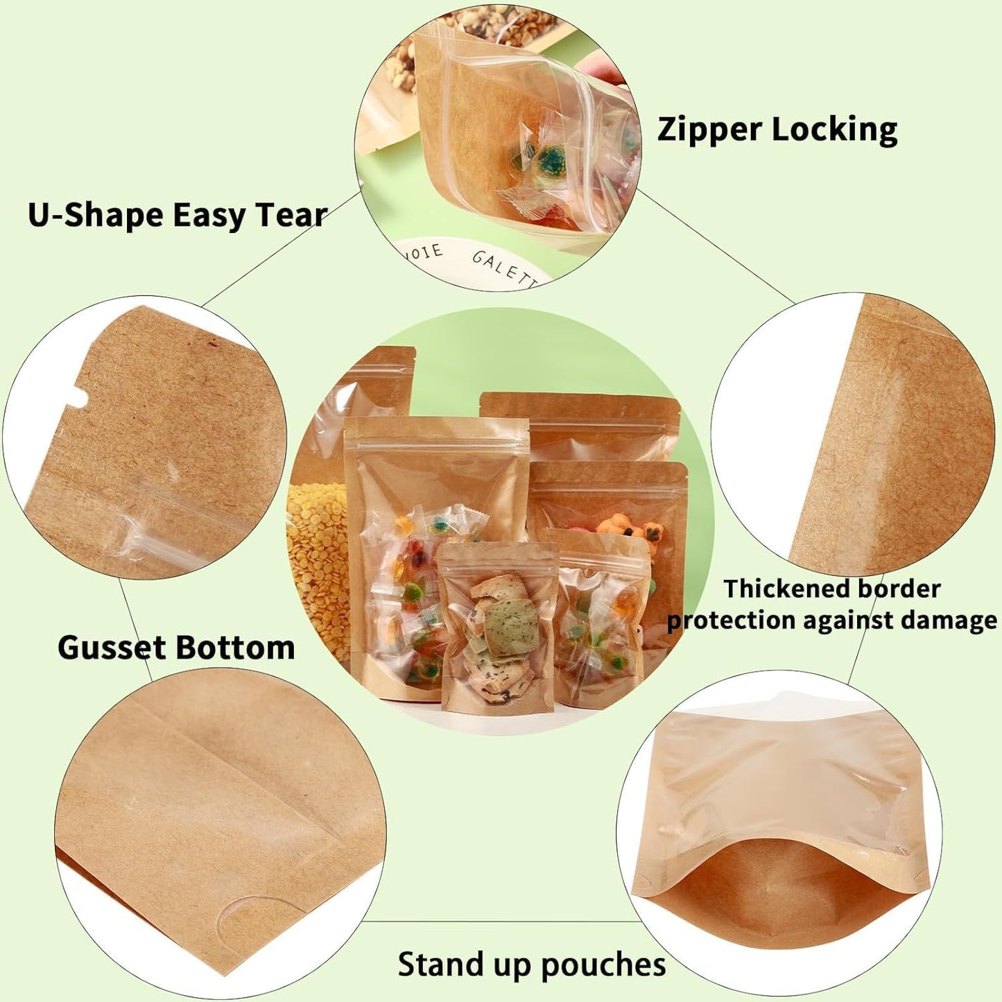 DOTUAHO 200 PCS Paper Bags with Window, 3.5" x 5.5" Resealable Bags, Stand Up Pouches, Reusable Ziplock Food Storage Bag Resealable Pouches for Foods