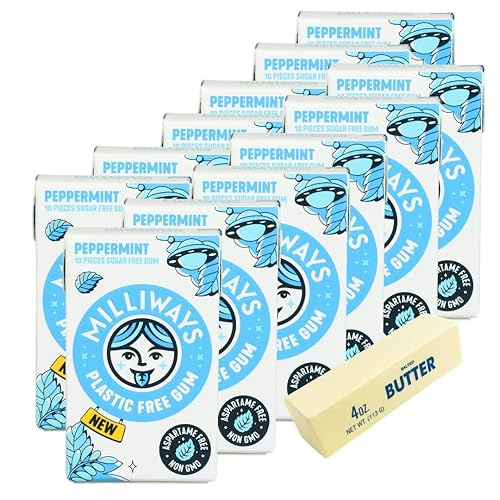 Milliways Gum Peppermint 10 PC (Pack of 12) - Chewing Gum - Xylitol Gum with Squishy - 13 Total Items