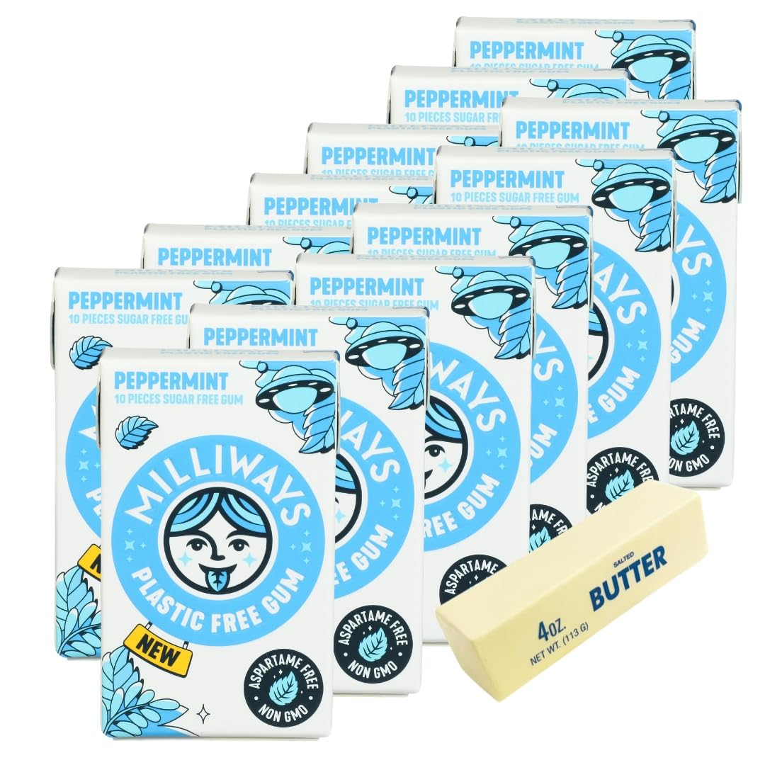 Milliways Gum Peppermint 10 PC (Pack of 12) - Chewing Gum - Xylitol Gum with Squishy - 13 Total Items