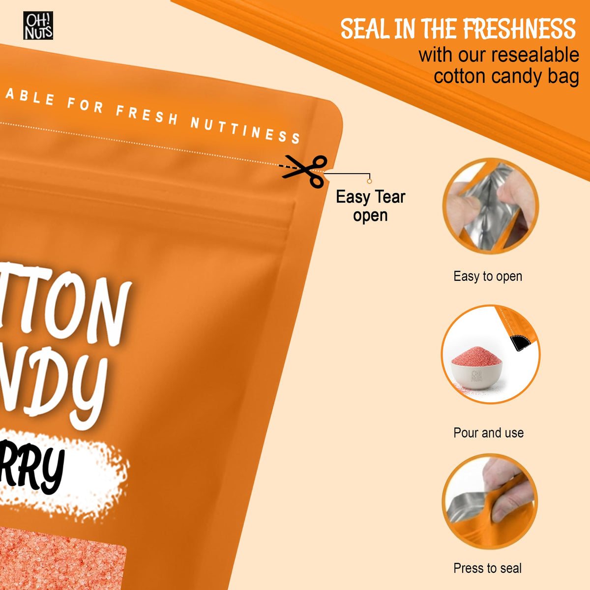 Oh! Nuts Cotton Candy Sugar Floss - Cherry Flavor - Bulk - 2 LB Bag