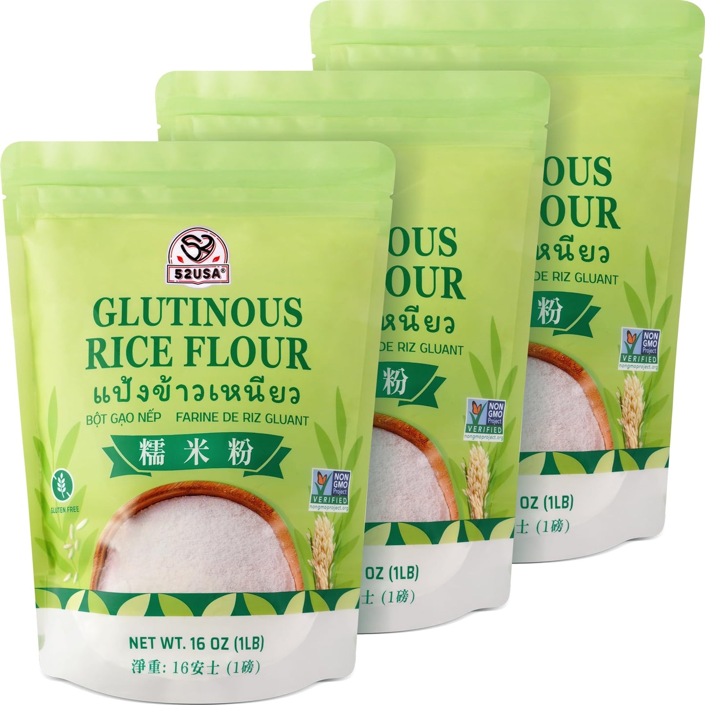 52USA Glutinous Rice Flour 48 Ounce (Basic), 1 Pound (Pack of 3), Rice Flour for Baking or Cooking, Product of THAILAND, All Natural White Rice Flour