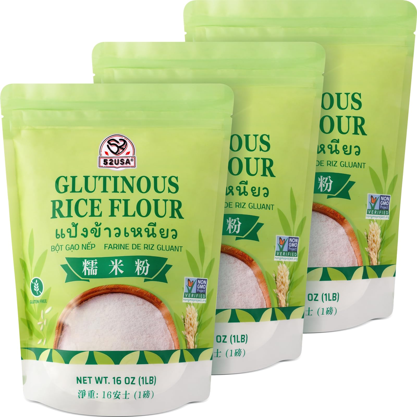 52USA Glutinous Rice Flour 48 Ounce (Basic), 1 Pound (Pack of 3), Rice Flour for Baking or Cooking, Product of THAILAND, All Natural White Rice Flour