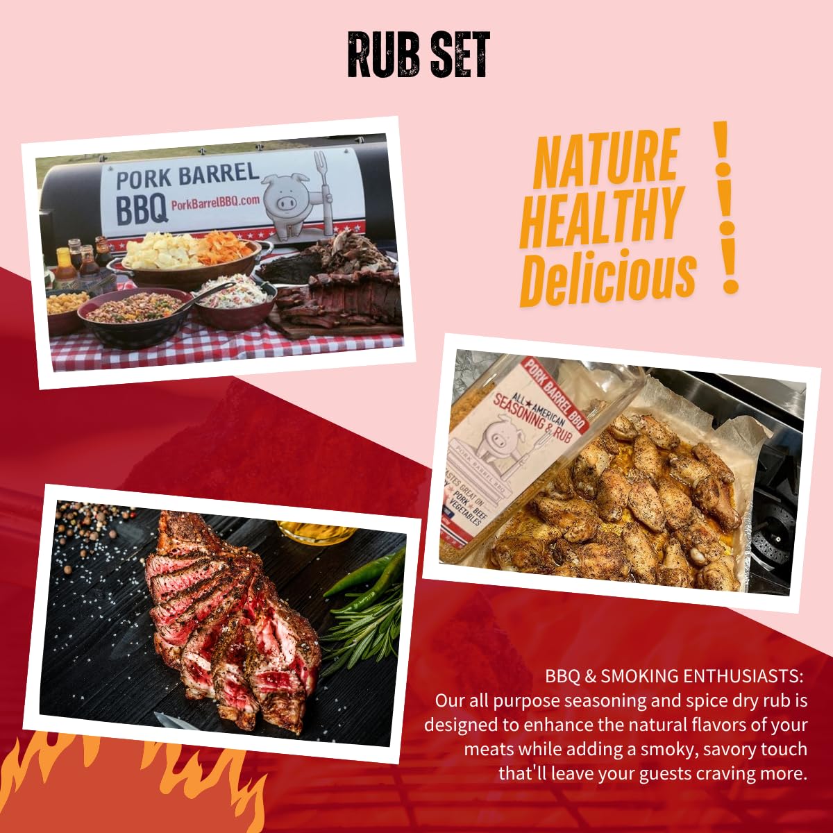 Pork Barrel BBQ Spice Collection Gift Pack | Gifts for Men| 3.8 oz All American Spice, 4.5 oz Steak and 3 oz Chicken, All Purpose BBQ Rub - No MSG