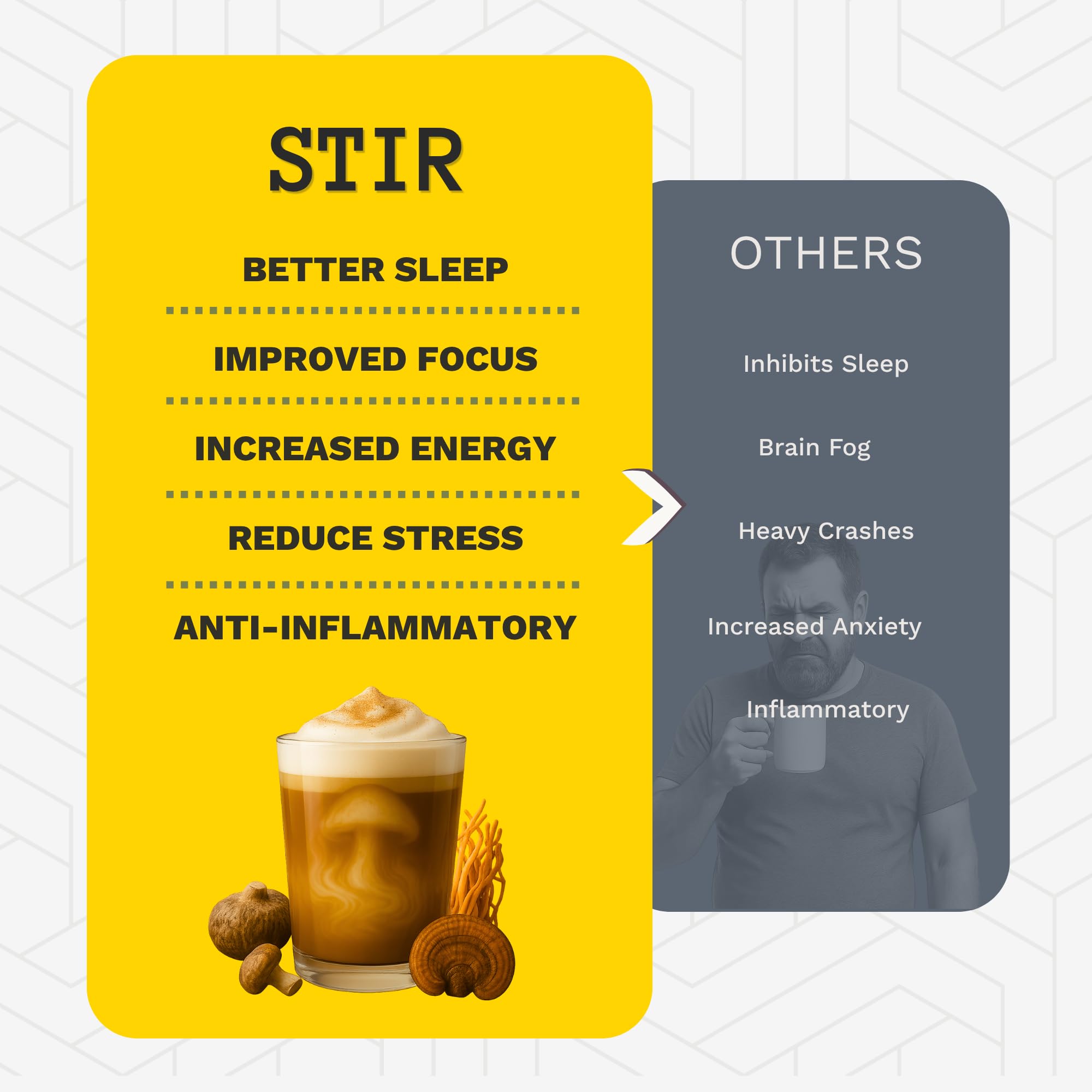 STIR Premium Instant Mushroom Coffee | Lion’s Mane, Chaga, Reishi, Cordyceps, Shiitake, Turkey Tail | Organic Cacao, Vanilla, Coconut MCTs | Focus