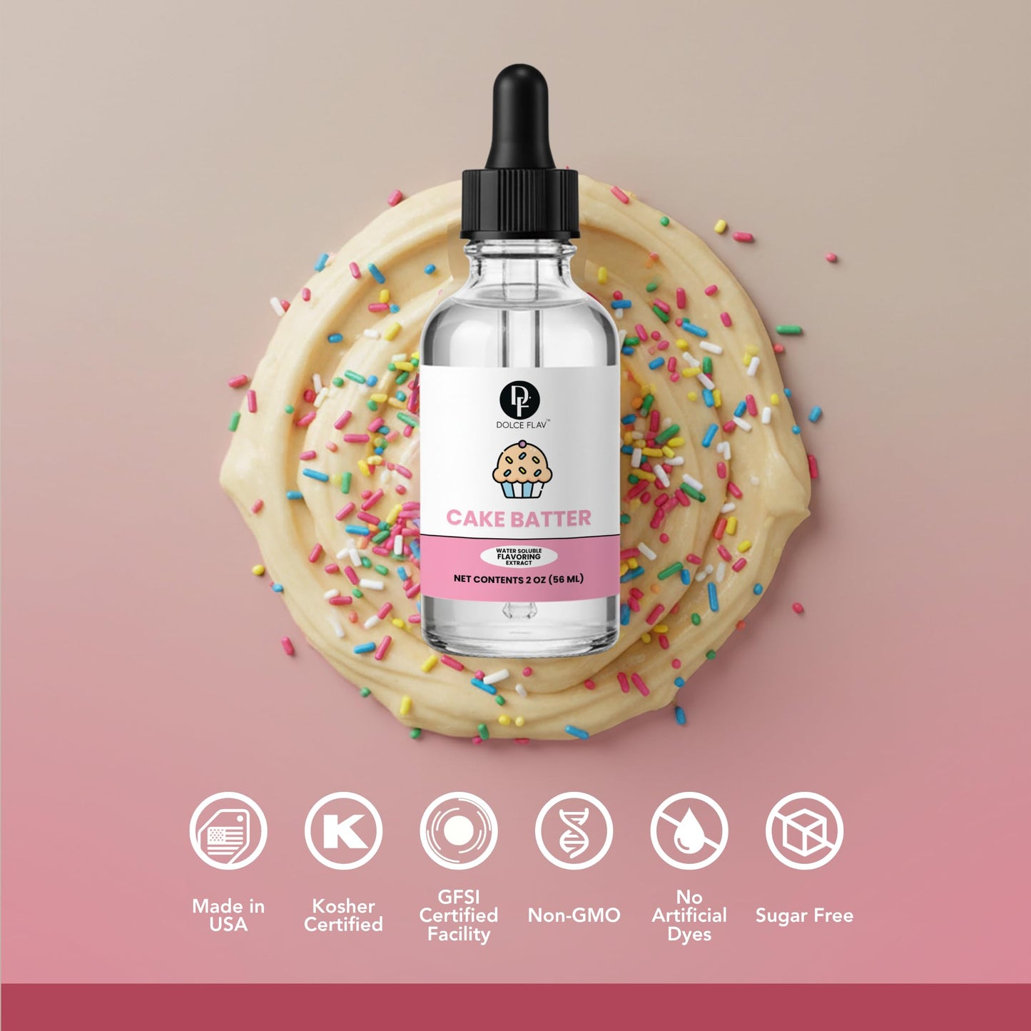 Dolce Flav Natural Cake Batter Extract - 2 Ounce Water-Soluble Kosher, Sugar-Free, Concentrated Birthday Cake Flavor for Frosting, Cupcakes & Ice