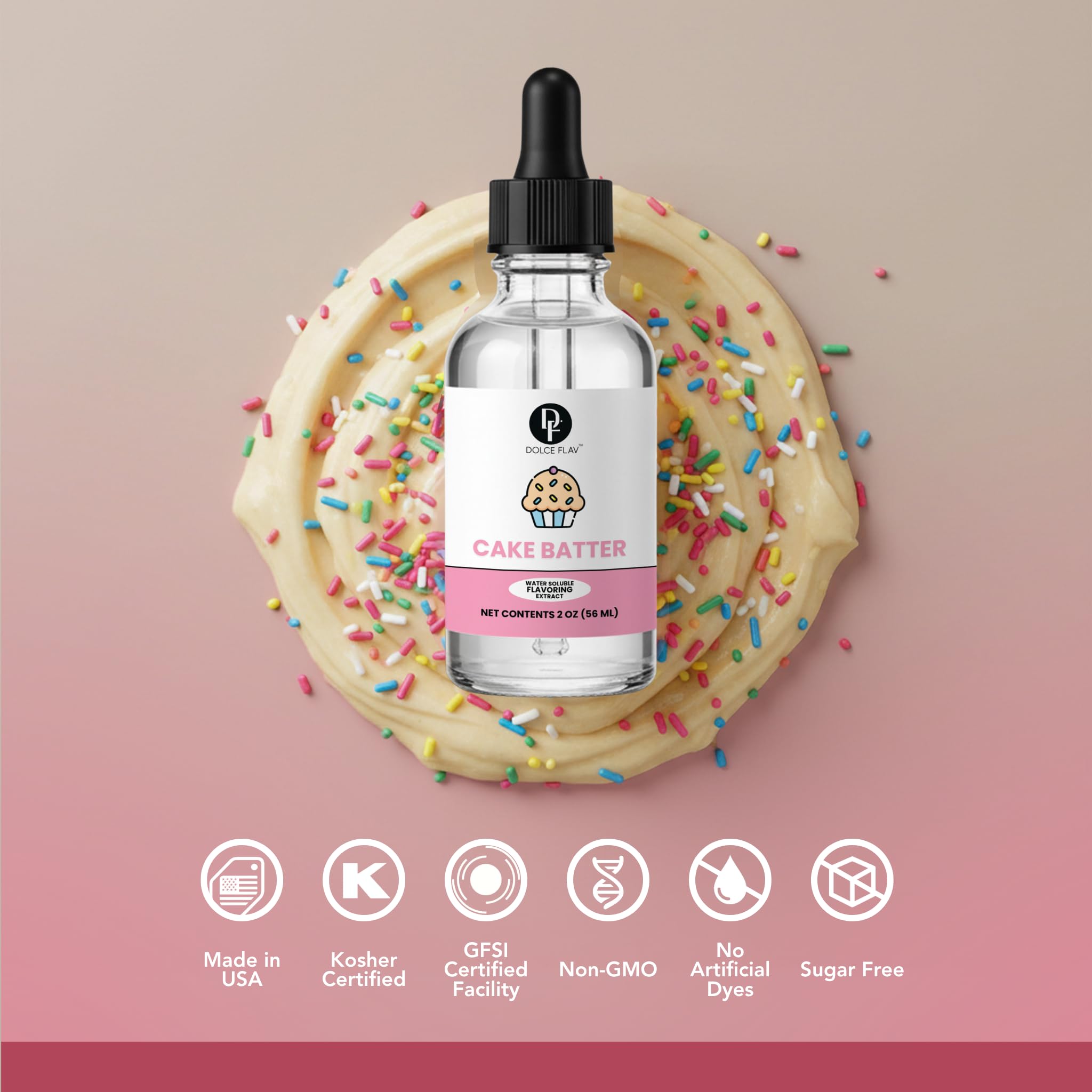 Dolce Flav Natural Cake Batter Extract - 2 Ounce Water-Soluble Kosher, Sugar-Free, Concentrated Birthday Cake Flavor for Frosting, Cupcakes & Ice