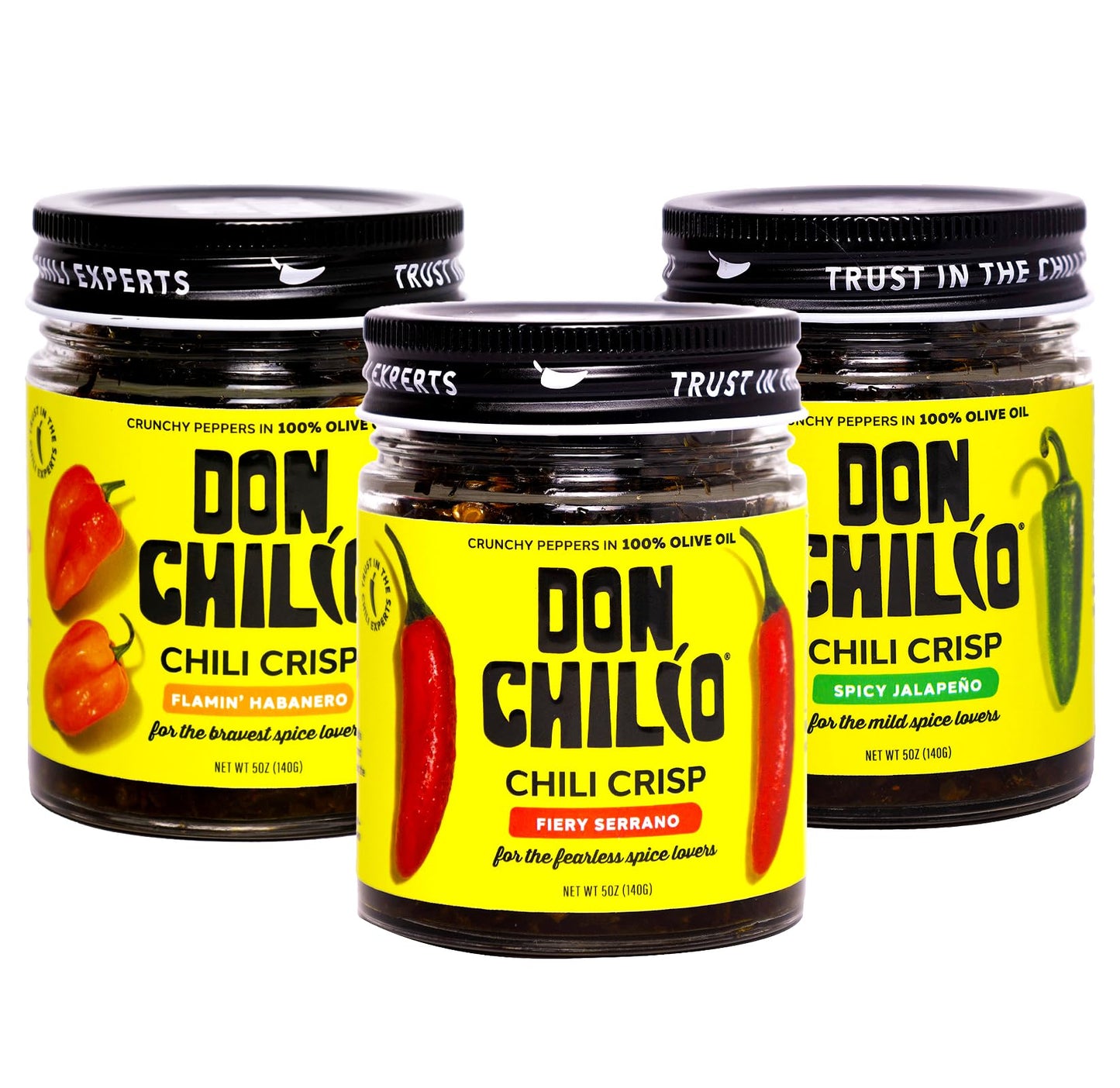 Don Chilio Mexican Chile Crisp Variety Bundle, 5 oz., 3 Pack - Crunchy Sliced Habanero, Jalapenos & Serrano Fried Chili Peppers in Hot Seasoned 100%
