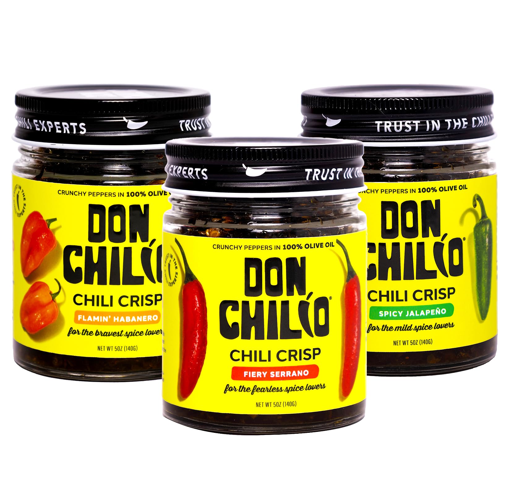Don Chilio Mexican Chile Crisp Variety Bundle, 5 oz., 3 Pack - Crunchy Sliced Habanero, Jalapenos & Serrano Fried Chili Peppers in Hot Seasoned 100%