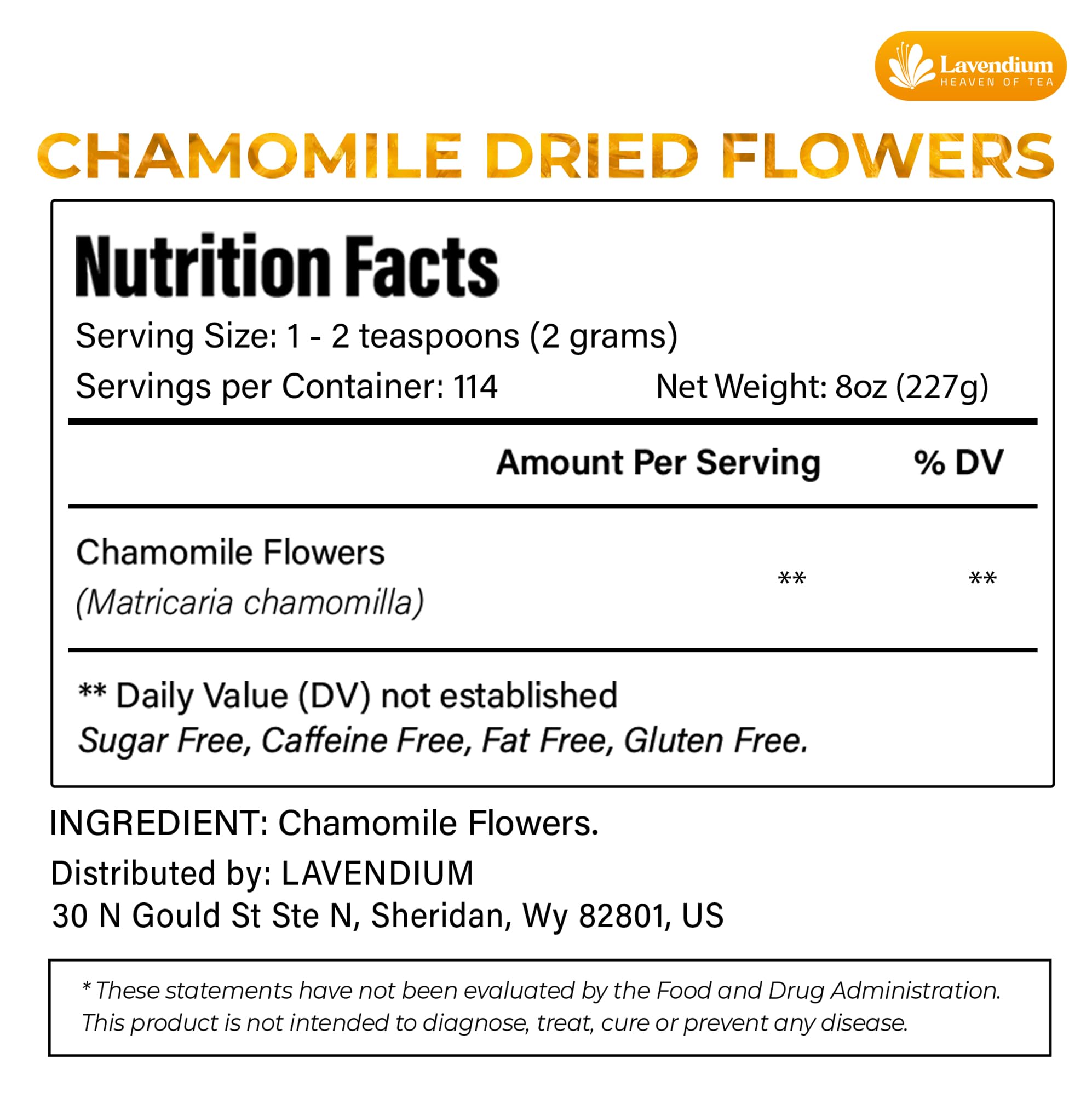 Lavendium, Premium 8oz Dried Chamomile Flowers, 100% Natural & Pure Whole Chamomile Blossoms, No Additives or Preservatives, Non-GMO, Plant-Based