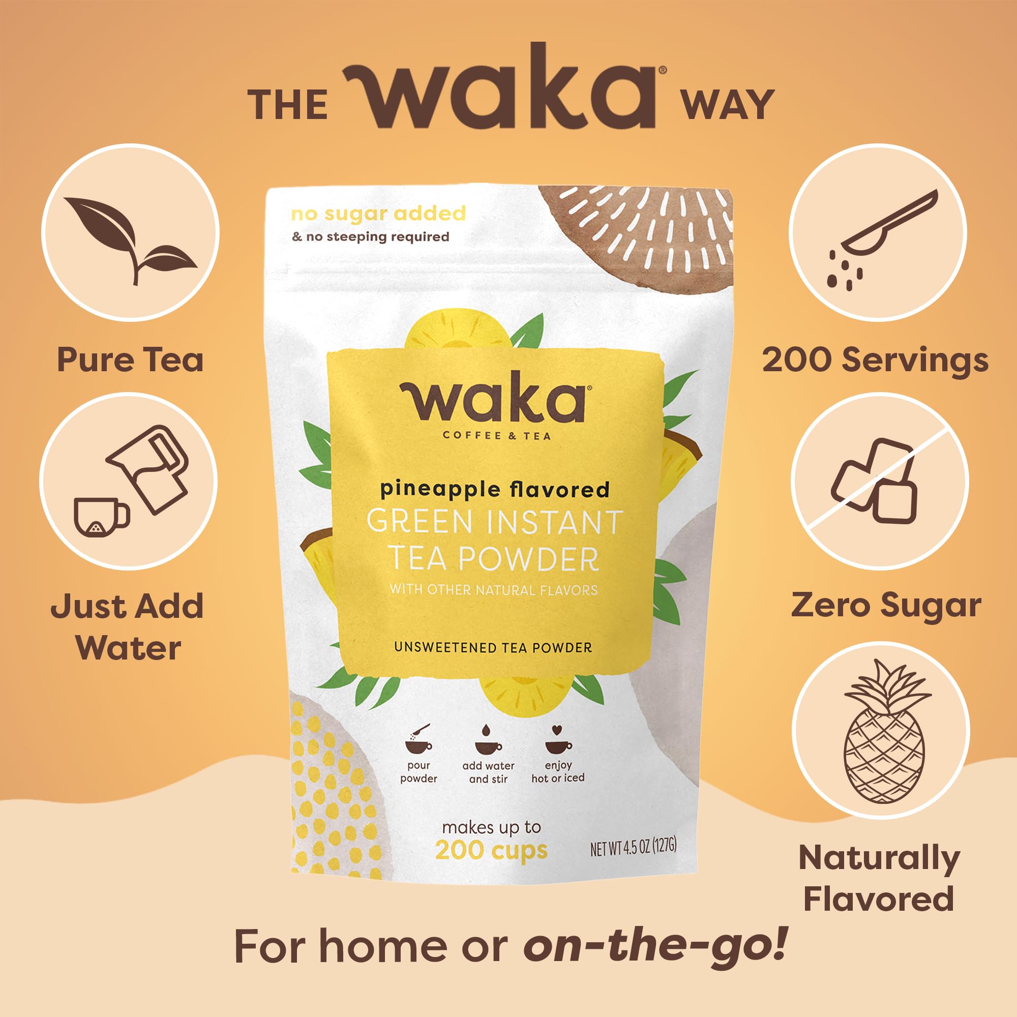 Waka Instant Green Tea Mix, Pineapple Flavored - 100% Tea Leaves, No Additives, Unsweetened Tea Powder in Bulk Pouch - Easy Quick Hot and Iced Teas