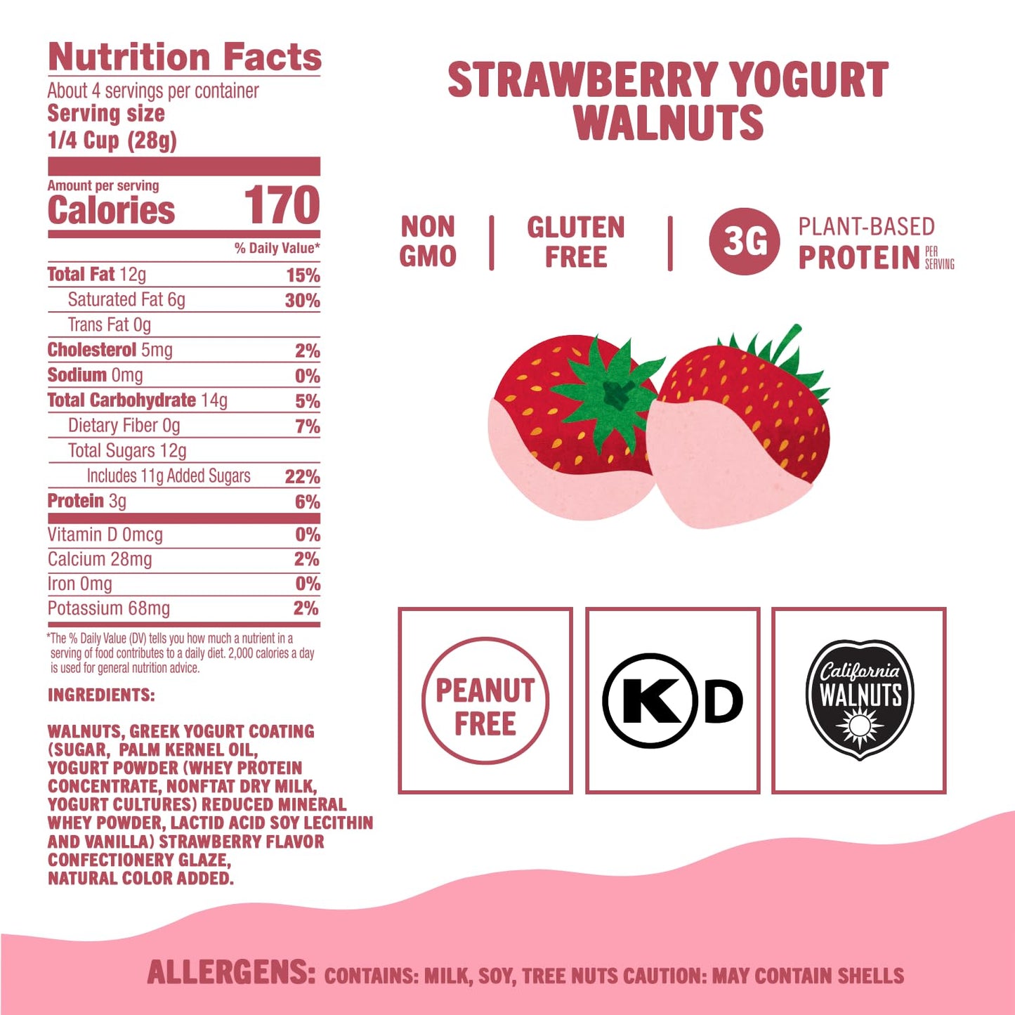 Go a Little Nuts Strawberry Yogurt Covered Walnuts, 4 oz Snack Pack (Pack of 6) Sweet & Crunchy Probiotic, Plant Protein, Non-GMO, Peanut Free