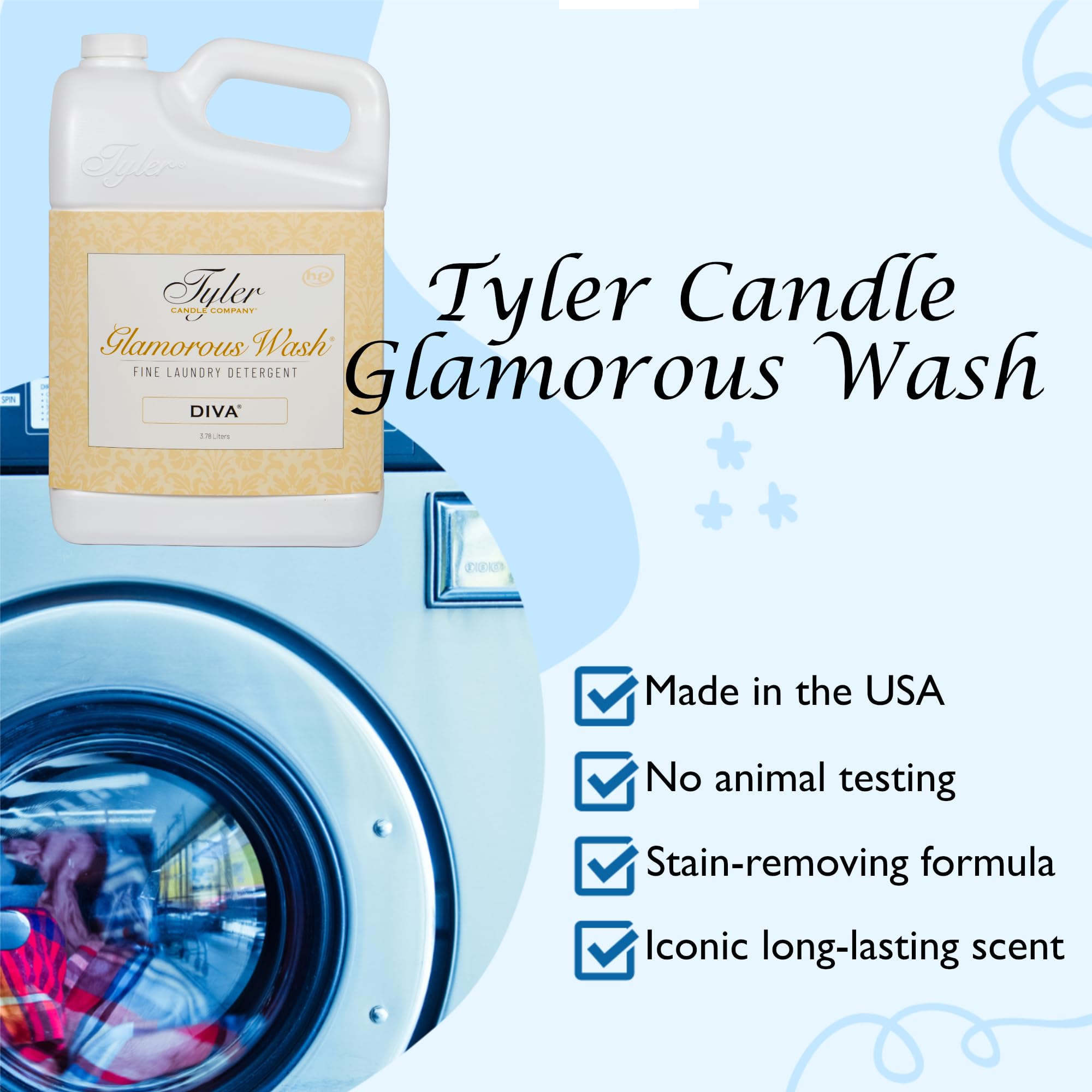 Tyler Candle Glamorous Wash Laundry Detergent, Diva Bundle with Tyler Candle Mixer Melts, Autoglam Freshener, and Degreaser Pen (1 Gallon)