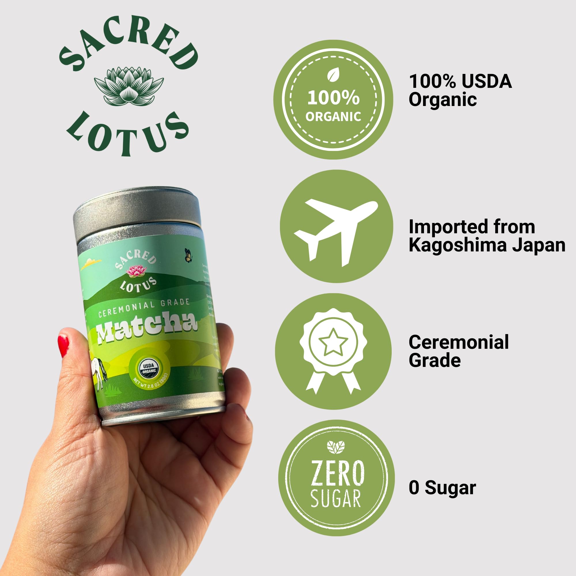 Sacred Lotus USDA Organic Matcha Green Tea Powder Tin (80 Grams) | Premium Single Origin Japanese Matcha Powder | Authentic Ceremonial Grade