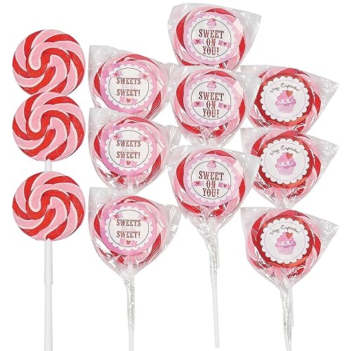 Sweet On You Valentine Swirl Suckers - Strawberry Flavor - Red White Pink (12 individually wrapped lollipops) Valentine's Day Candy