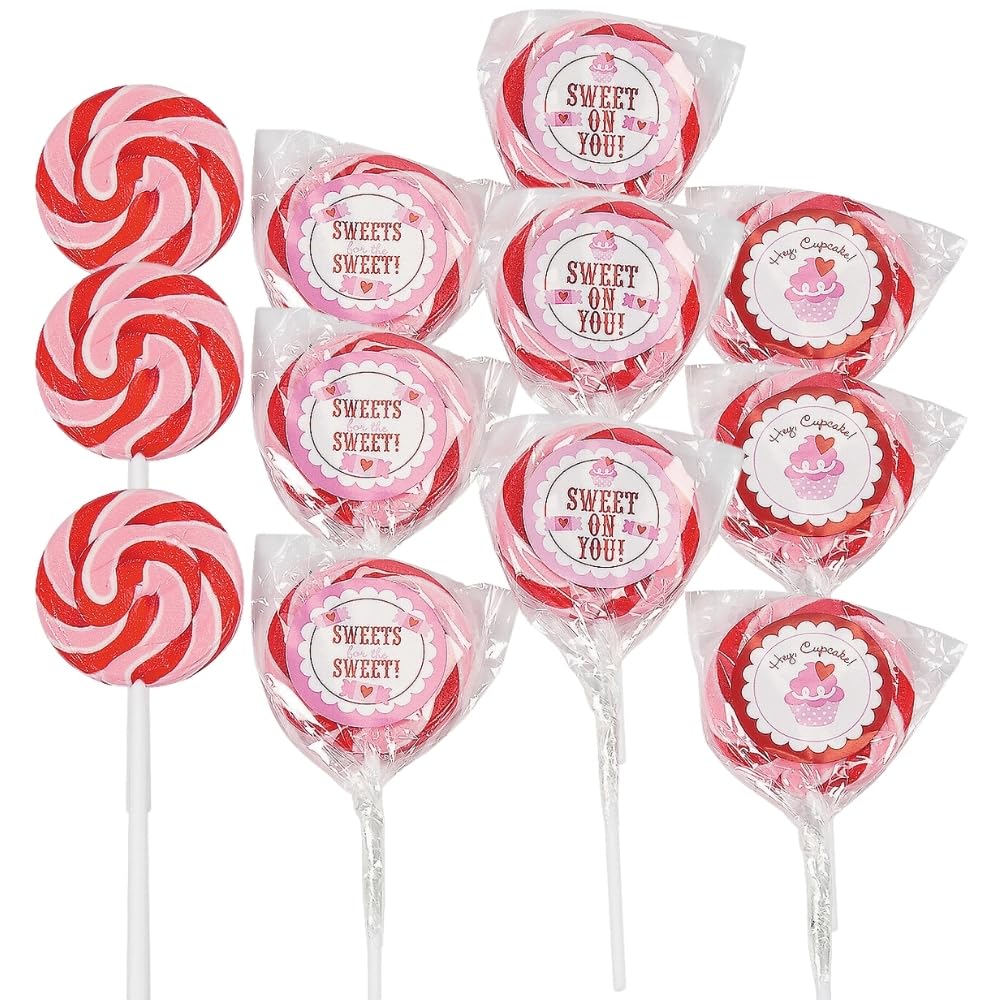 Sweet On You Valentine Swirl Suckers - Strawberry Flavor - Red White Pink (12 individually wrapped lollipops) Valentine's Day Candy