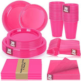 CLIYTICA Hot Pink Plastic Plates for Party,30 Guest Disposable Plastic Plate Set 9" Plates,7" Dessert Plates,Napkins,12 oz Cups,Forks & Tablecloth