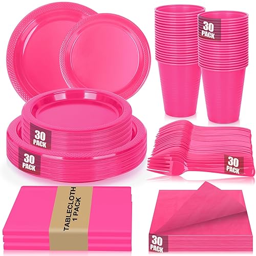 CLIYTICA Hot Pink Plastic Plates for Party,30 Guest Disposable Plastic Plate Set 9" Plates,7" Dessert Plates,Napkins,12 oz Cups,Forks & Tablecloth