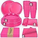 CLIYTICA Hot Pink Plastic Plates for Party,30 Guest Disposable Plastic Plate Set 9" Plates,7" Dessert Plates,Napkins,12 oz Cups,Forks & Tablecloth