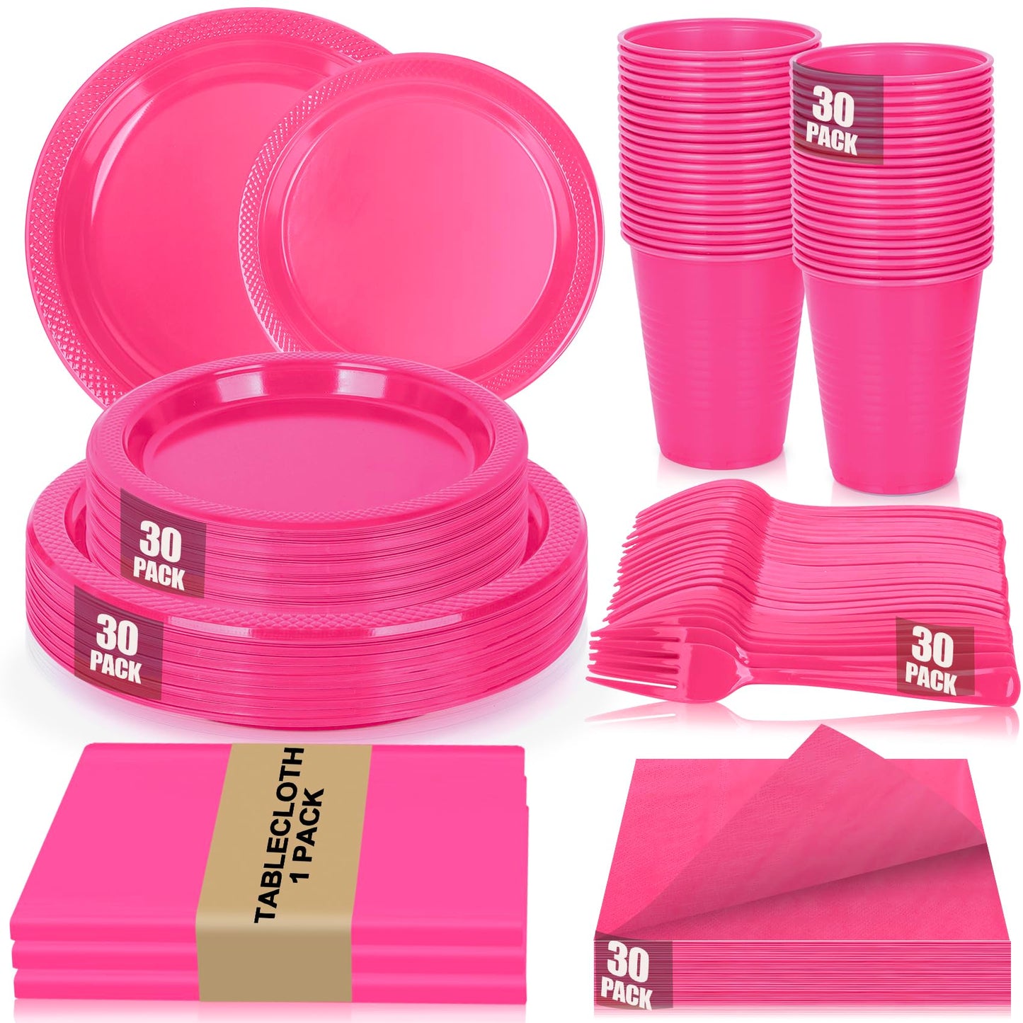 CLIYTICA Hot Pink Plastic Plates for Party,30 Guest Disposable Plastic Plate Set 9" Plates,7" Dessert Plates,Napkins,12 oz Cups,Forks & Tablecloth