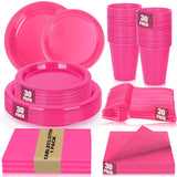 CLIYTICA Hot Pink Plastic Plates for Party,30 Guest Disposable Plastic Plate Set 9" Plates,7" Dessert Plates,Napkins,12 oz Cups,Forks & Tablecloth