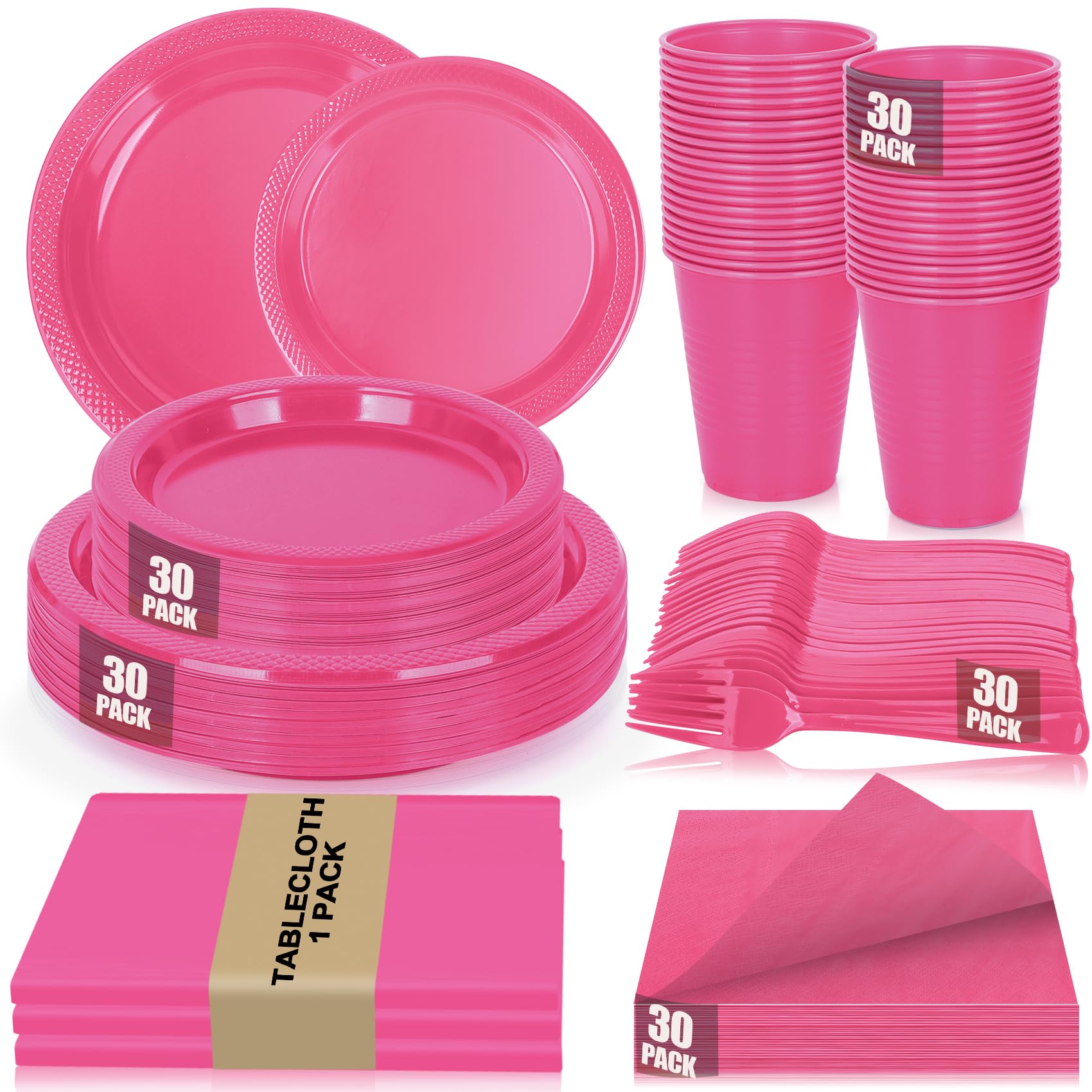 CLIYTICA Hot Pink Plastic Plates for Party,30 Guest Disposable Plastic Plate Set 9" Plates,7" Dessert Plates,Napkins,12 oz Cups,Forks & Tablecloth