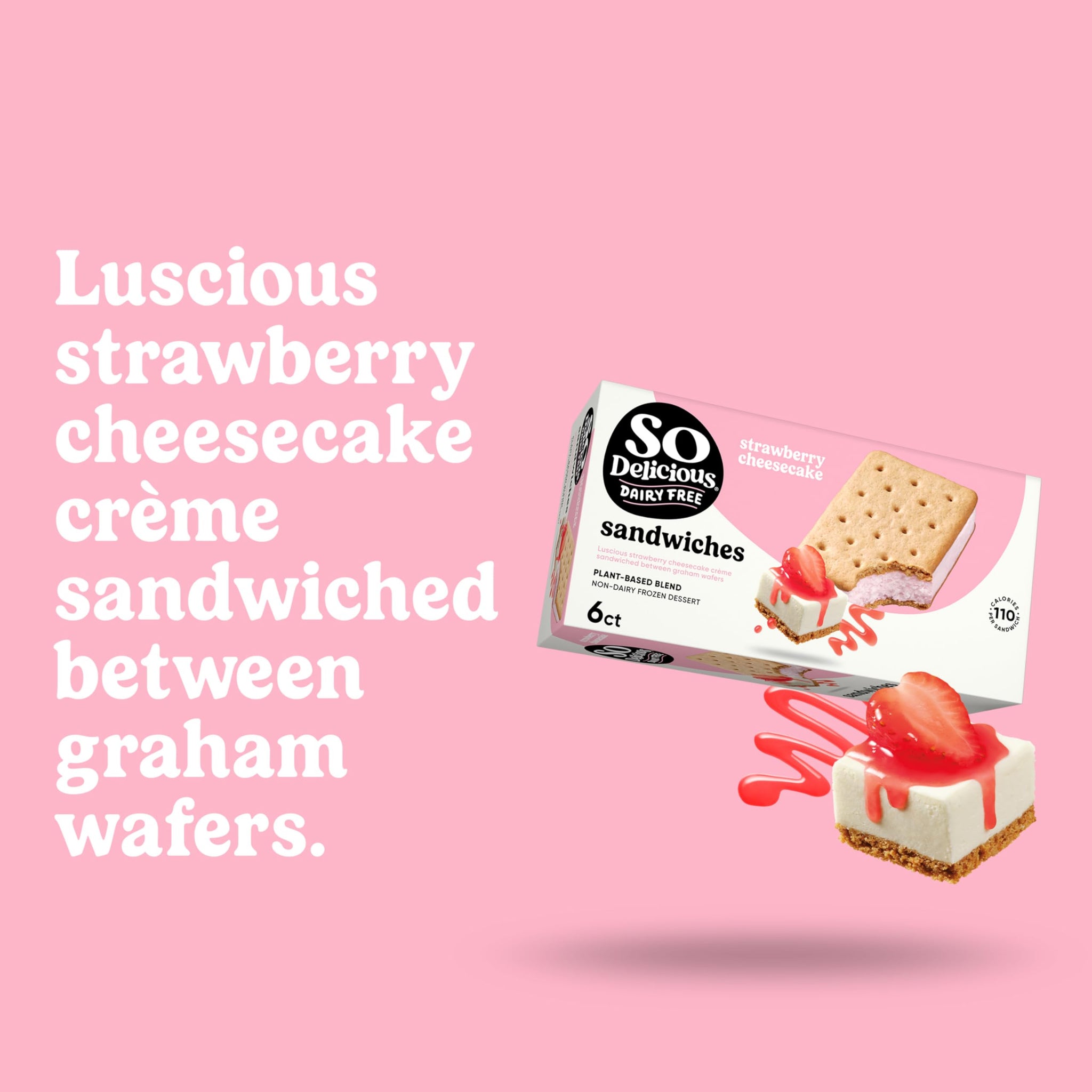 So Delicious Plant Based Blend Frozen Dessert Sandwiches, Strawberry Cheesecake, Dairy Free, Vegan Ice Cream Sandwich Alternative, Non-GMO, Kosher, 6