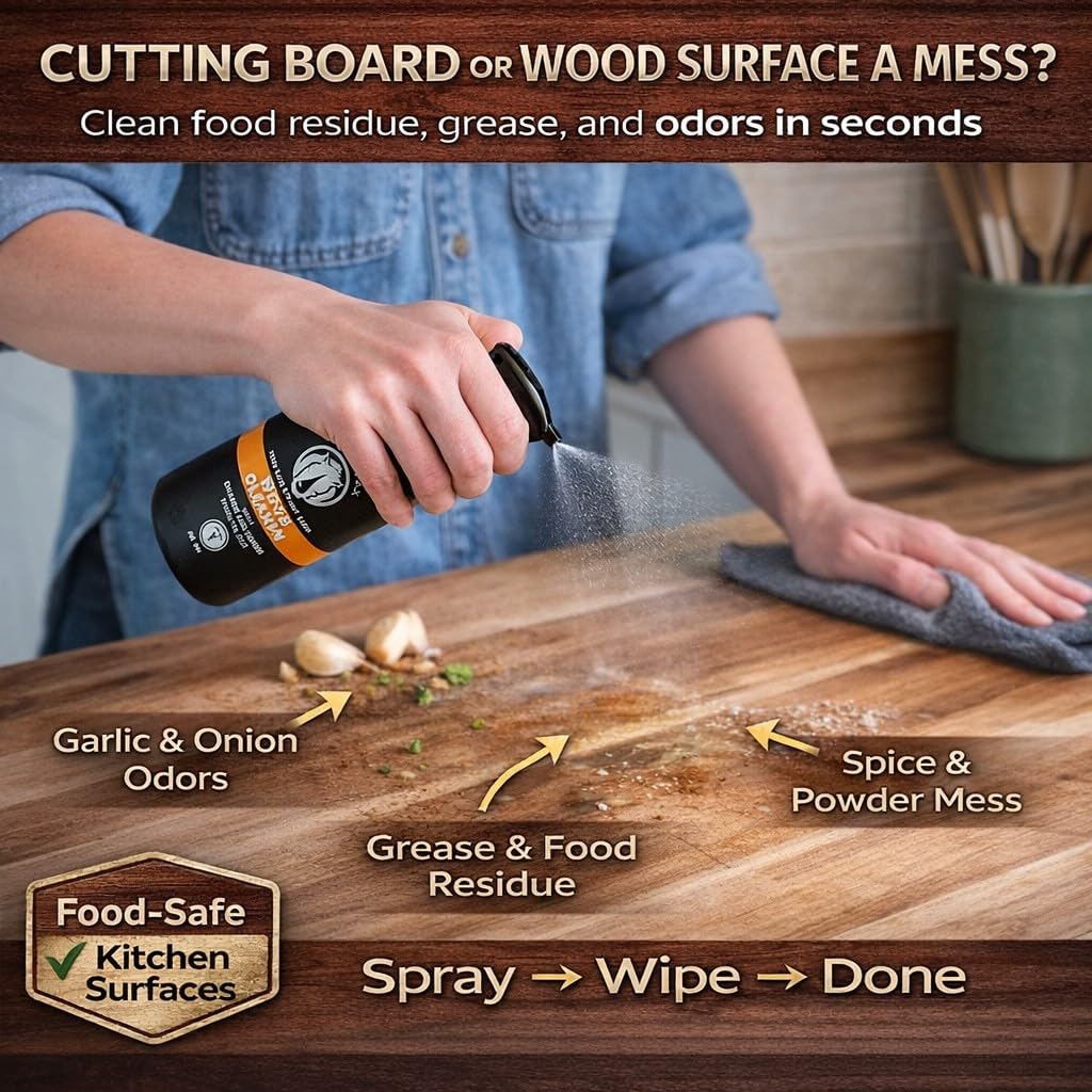 Rhino Wax Wood Cleaner Spray - Cutting Board & Butcher Block Cleaner - Natural Vinegar Citrus Wood Surface Cleaner for Kitchen Wood Countertops