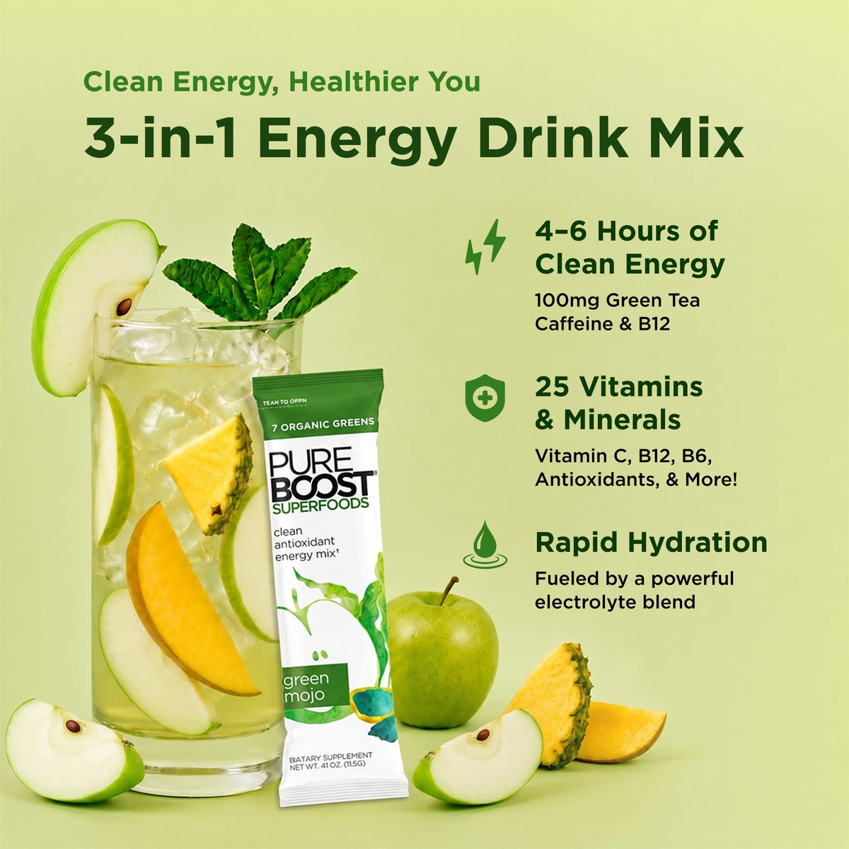 Pureboost Sugar-Free Superfoods Clean Energy Drink Mix, Green Mojo 30ct