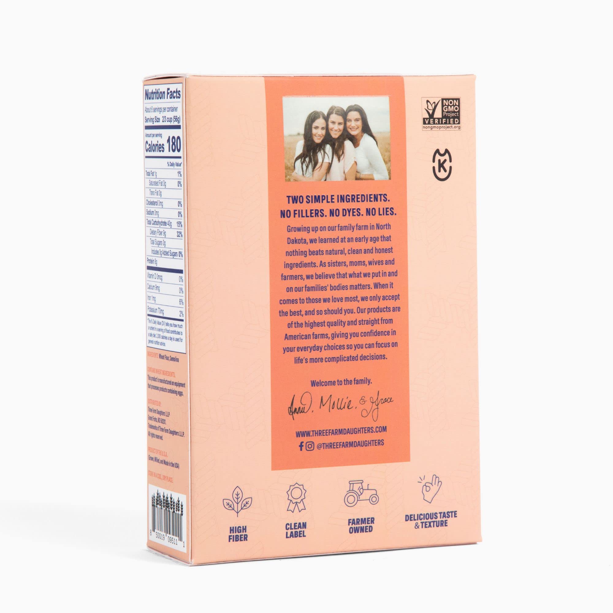 Three Farm Daughters High Fiber Pasta Rotini Pack, Low GI, Non GMO Rotini Pasta Noodles, Low Net Carb, Made in the USA, 12 oz. (1 Pack)