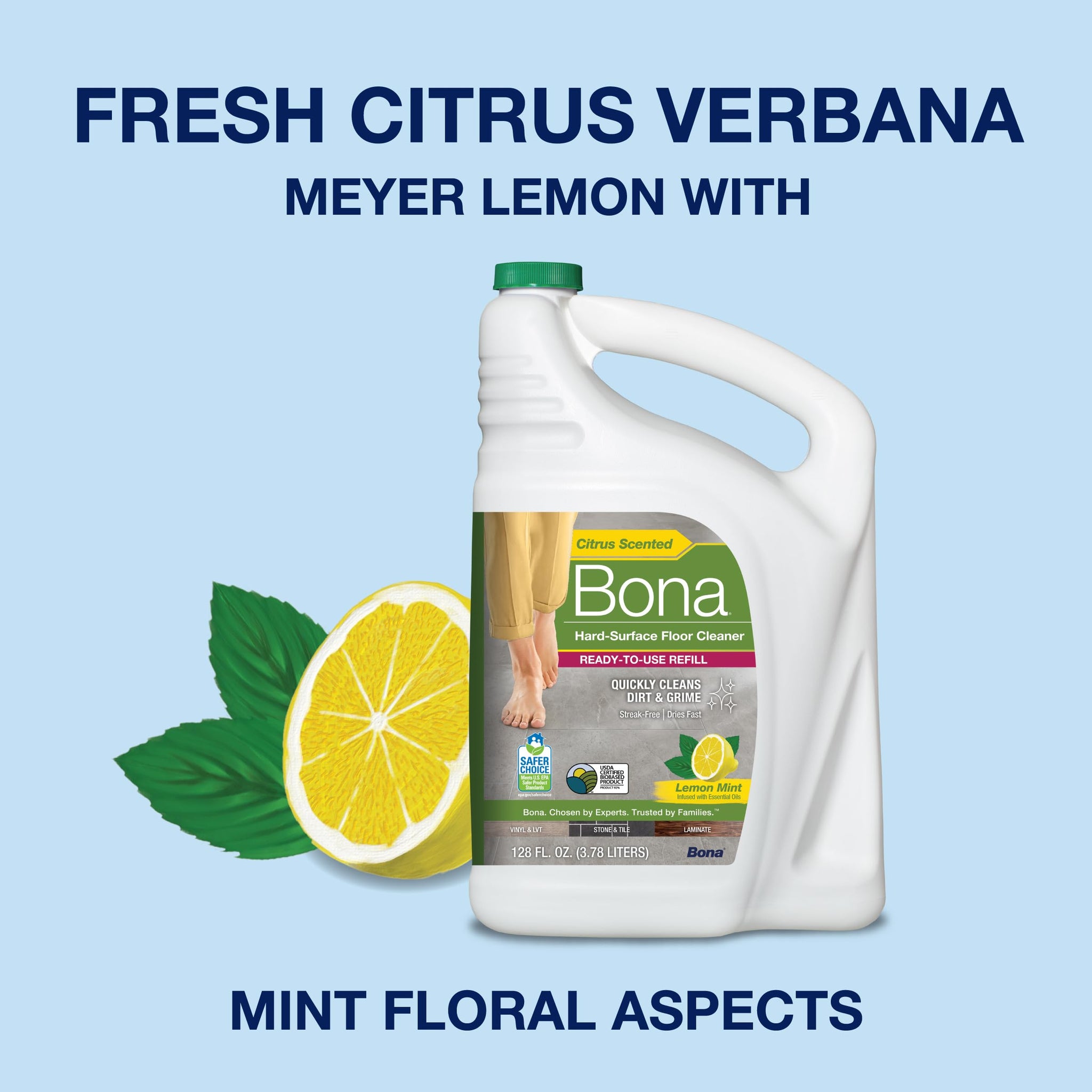 Bona Multi-Surface Floor Cleaner Refill - 128 fl oz - Lemon Mint - Residue-Free Floor Cleaning Solution refill for Spray Mop and Spray Bottles