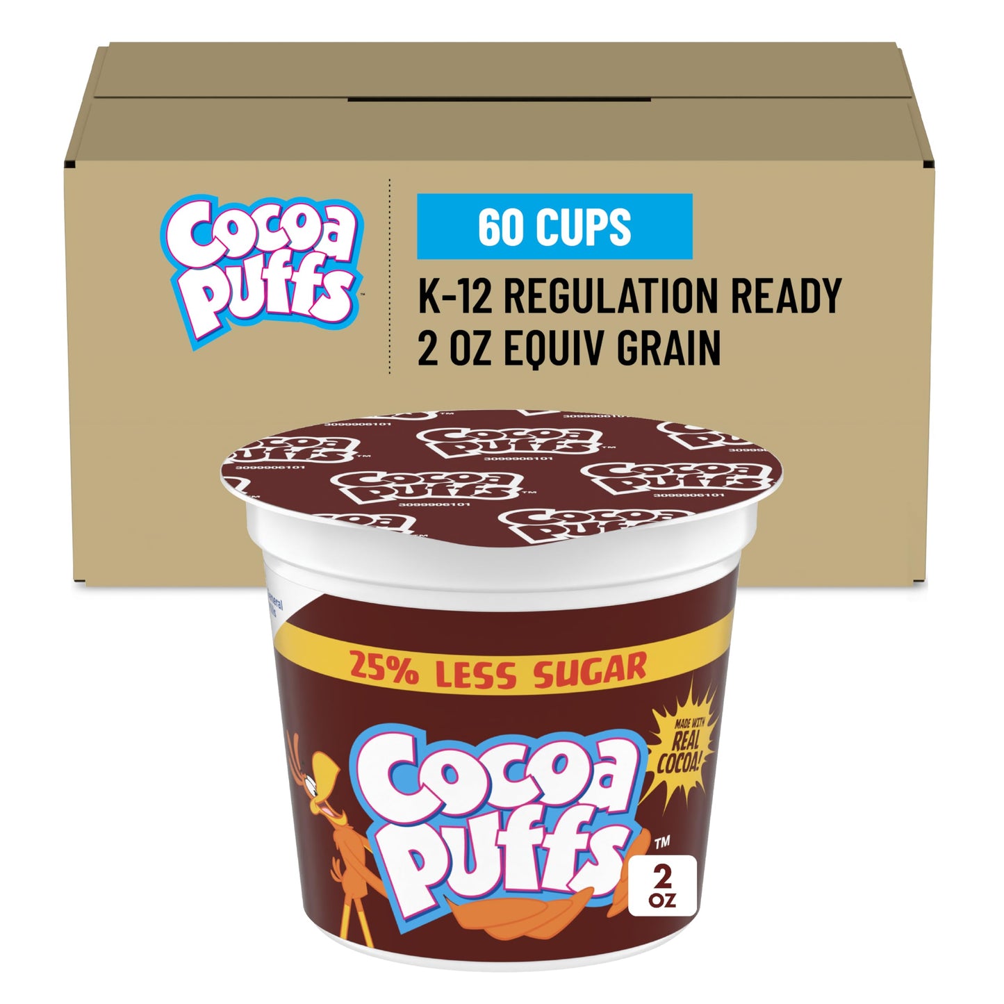 Cocoa Puffs, 25% Less Sugar Cereal Single Serve Cups, 60 Ct, 7.5 lb Case