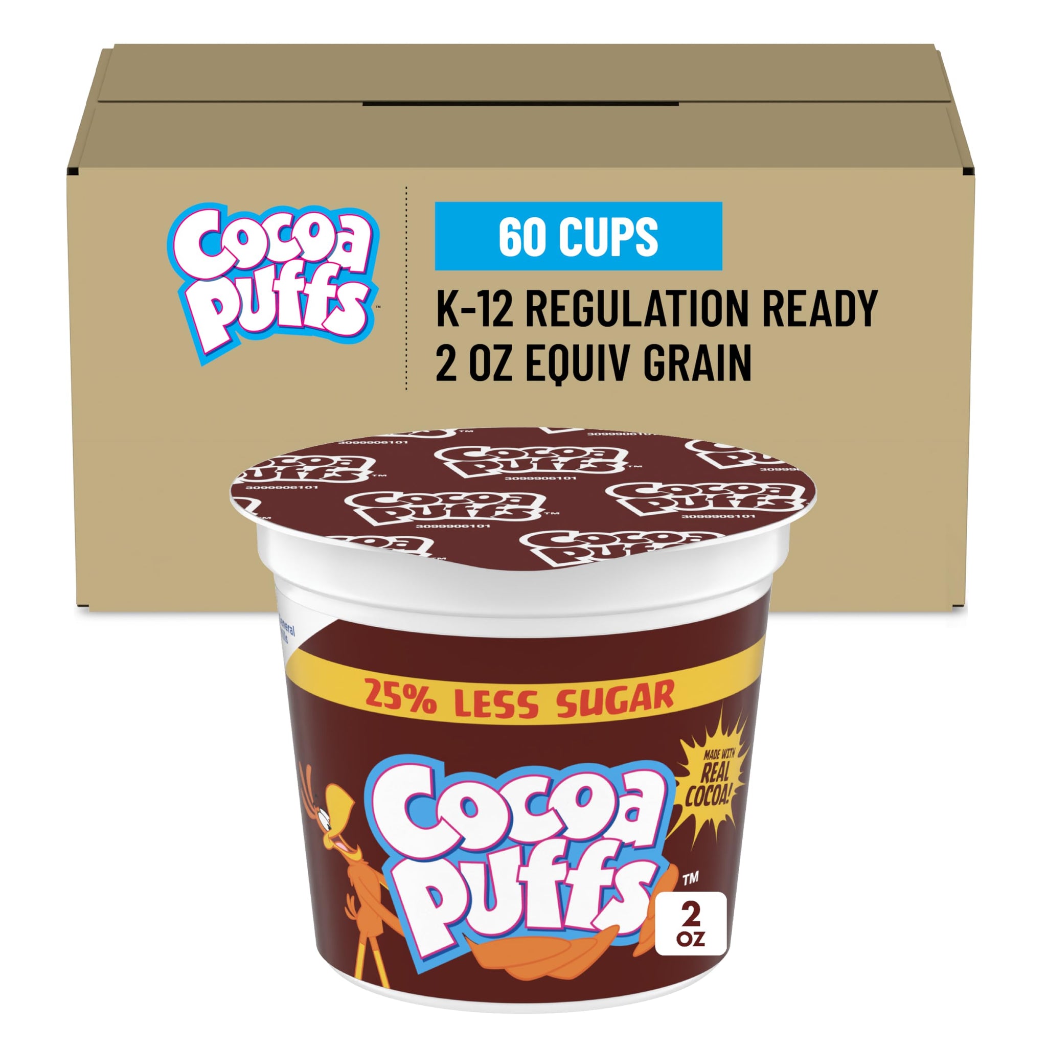 Cocoa Puffs, 25% Less Sugar Cereal Single Serve Cups, 60 Ct, 7.5 lb Case