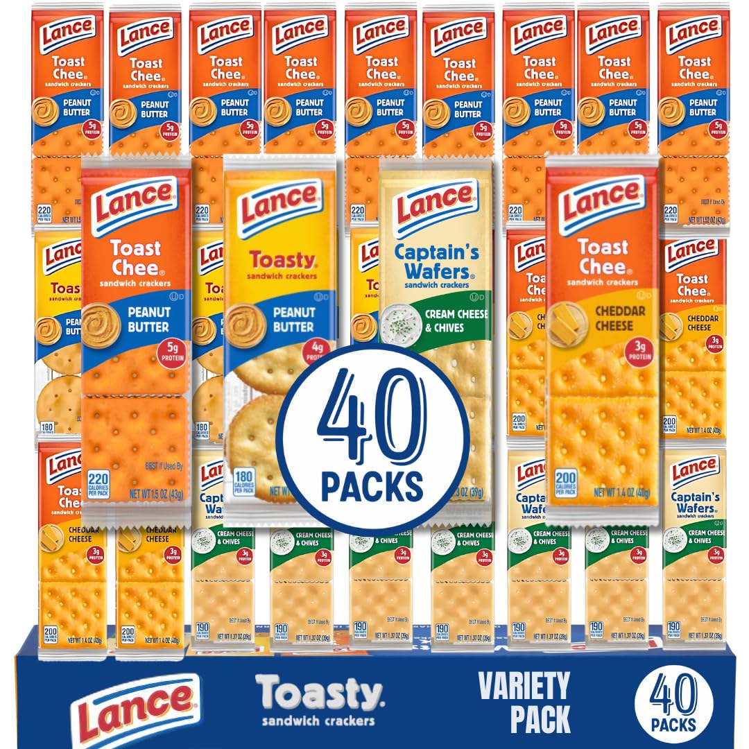 Sandwich Crackers Variety Pack, 40 Individual Snack Bags - Quality Lance Snacks, Featuring Toasty, Toastchee & Captain's Wafers