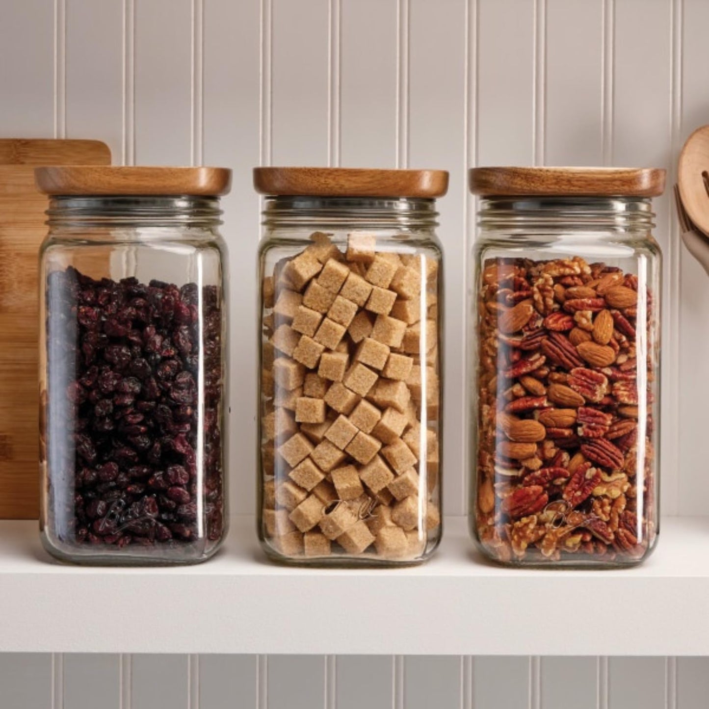 Ball Stack & Store Glass Mason Jars with Wooden Lid, Used for Pantry, Cookies, Flour, Cereal, Rice, Sugar, Tea, Coffee Beans, Spices, Square, 15.6-Cup