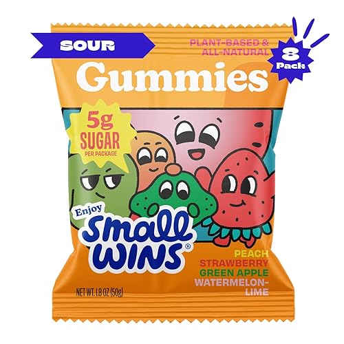 Enjoy Small Wins by Jayson Tatum, Sour Gummies, Plant-Based, All-Natural, Low Sugar 5g per Pack, Peach, Strawberry, Green Apple, Watermelon-Lime