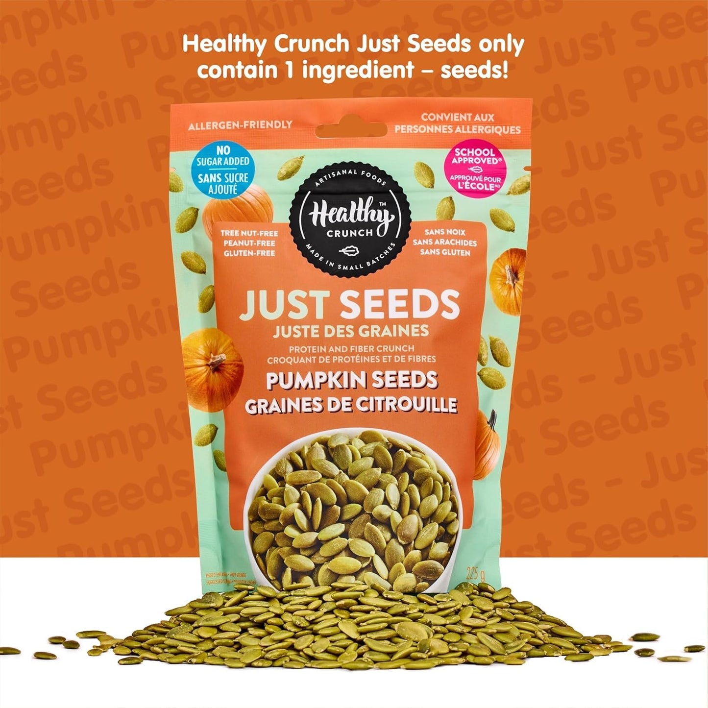 Healthy Crunch - Just Seeds - Pumpkin Seeds 225g x 6 Units - No Added Salted - Raw Seeds - No Added Oil - No Added Sugar - Peanut-Free - Tree Nut-Free