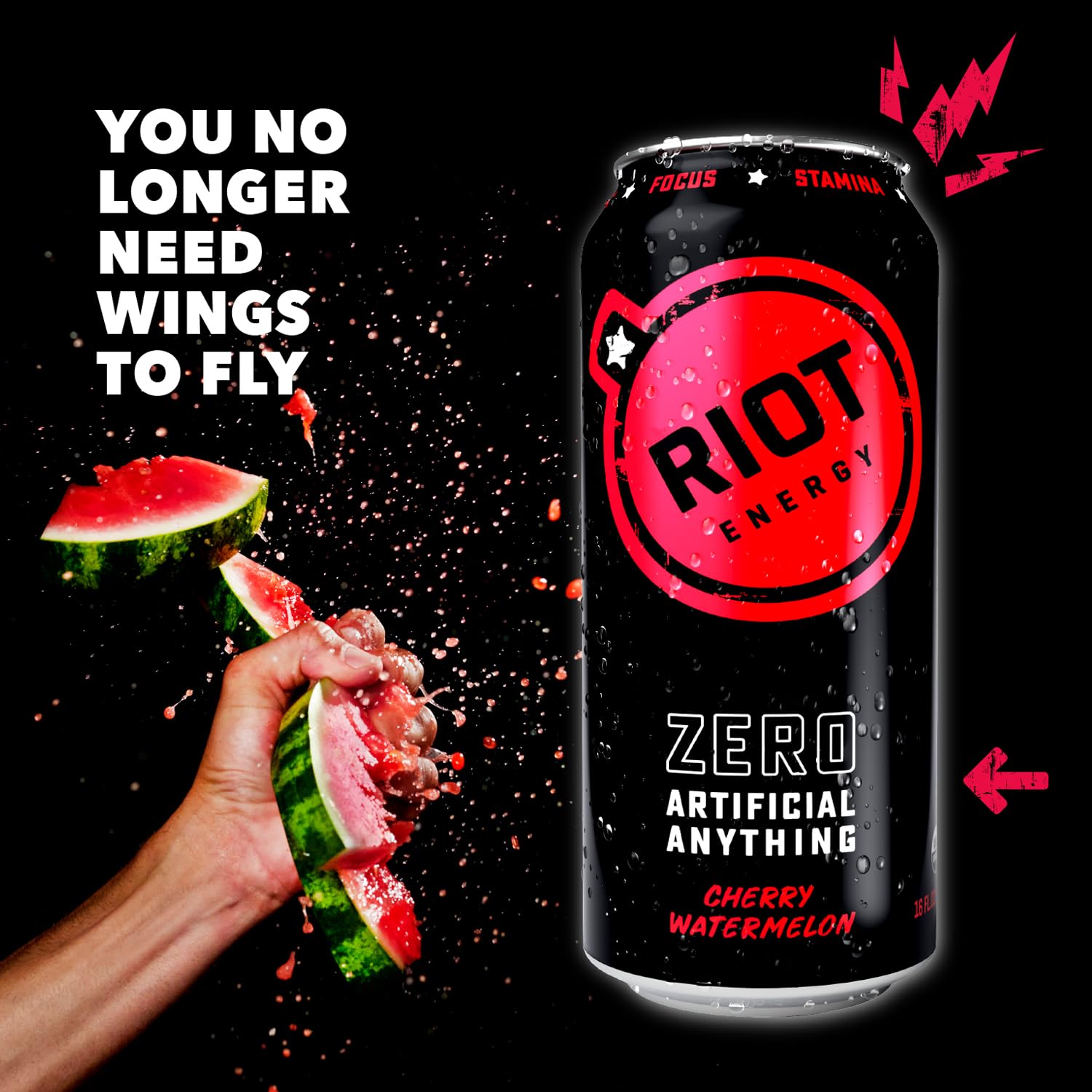 RIOT Clean Energy Drink - Cherry Watermelon | No Sucralose, No Sugar Added, No Artificial Flavors | 160mg Natural Caffeine + 100mg L-Theanine | Clean