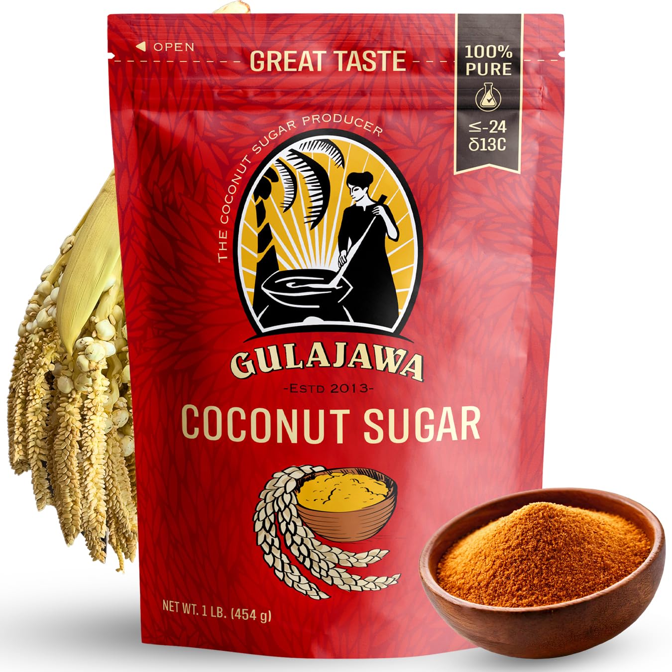 GULAJAWA Javanese Coconut Sugar - Single Origin, Pure Coconut Palm Sugar | Complex Caramel Notes for Coffee, Tea Lattes, Baking, Thai Cooking & Dry Rub Seasonings | Low GI Natural Sweetener - 1LB