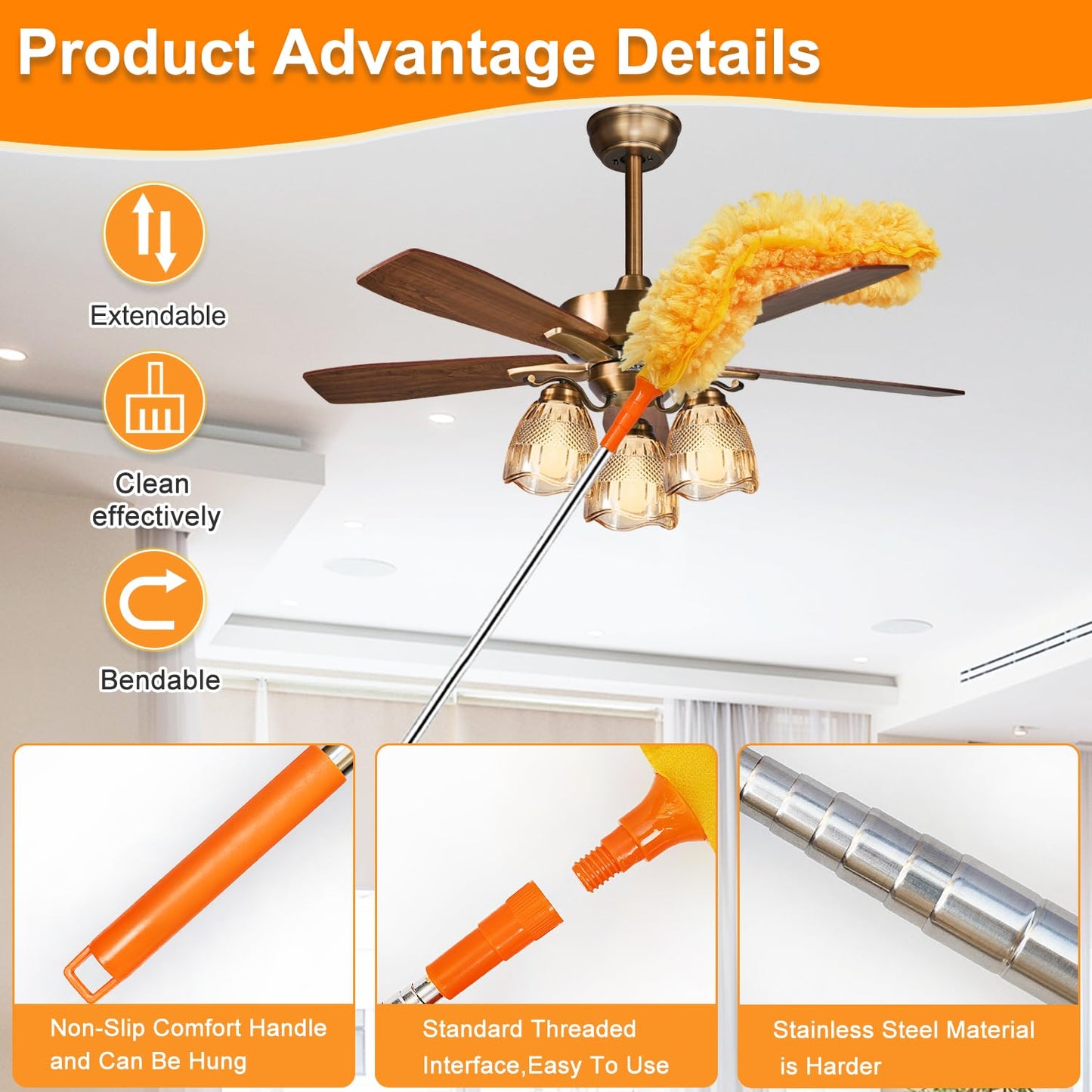 100" Reachable Microfiber Feather Duster, Duster with Extension Pole, 3 pcs Replacement Duster Head, Cleaning Tools for High Ceilings and Fans