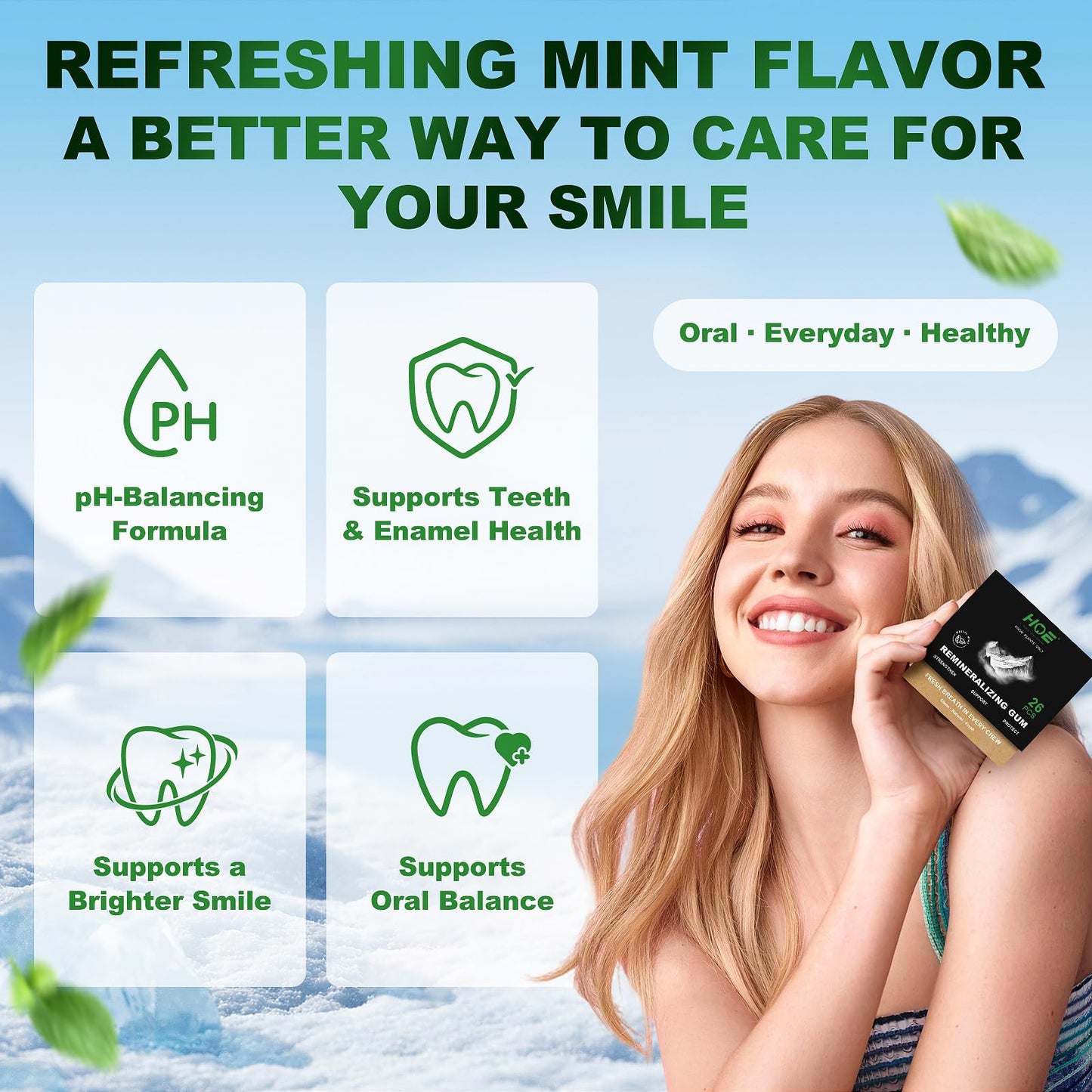 Remineralizing Gum with Nano Hydroxyapatite - Sugar-Free Xylitol Gum - Plastic-Free, Dye-Free, Aspartame-Free - Natural Base -26 Pieces, Mastic Mint