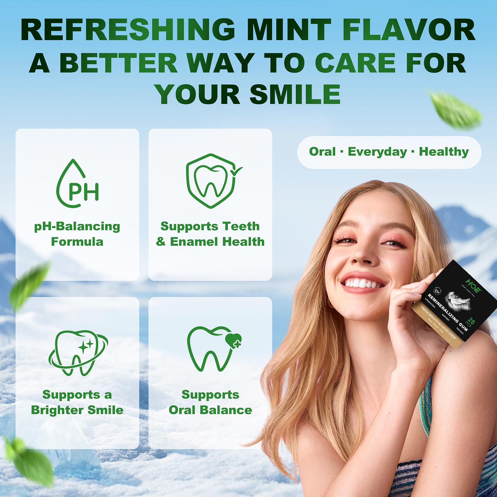 Remineralizing Gum with Nano Hydroxyapatite - Sugar-Free Xylitol Gum - Plastic-Free, Dye-Free, Aspartame-Free - Natural Base -26 Pieces, Mastic Mint