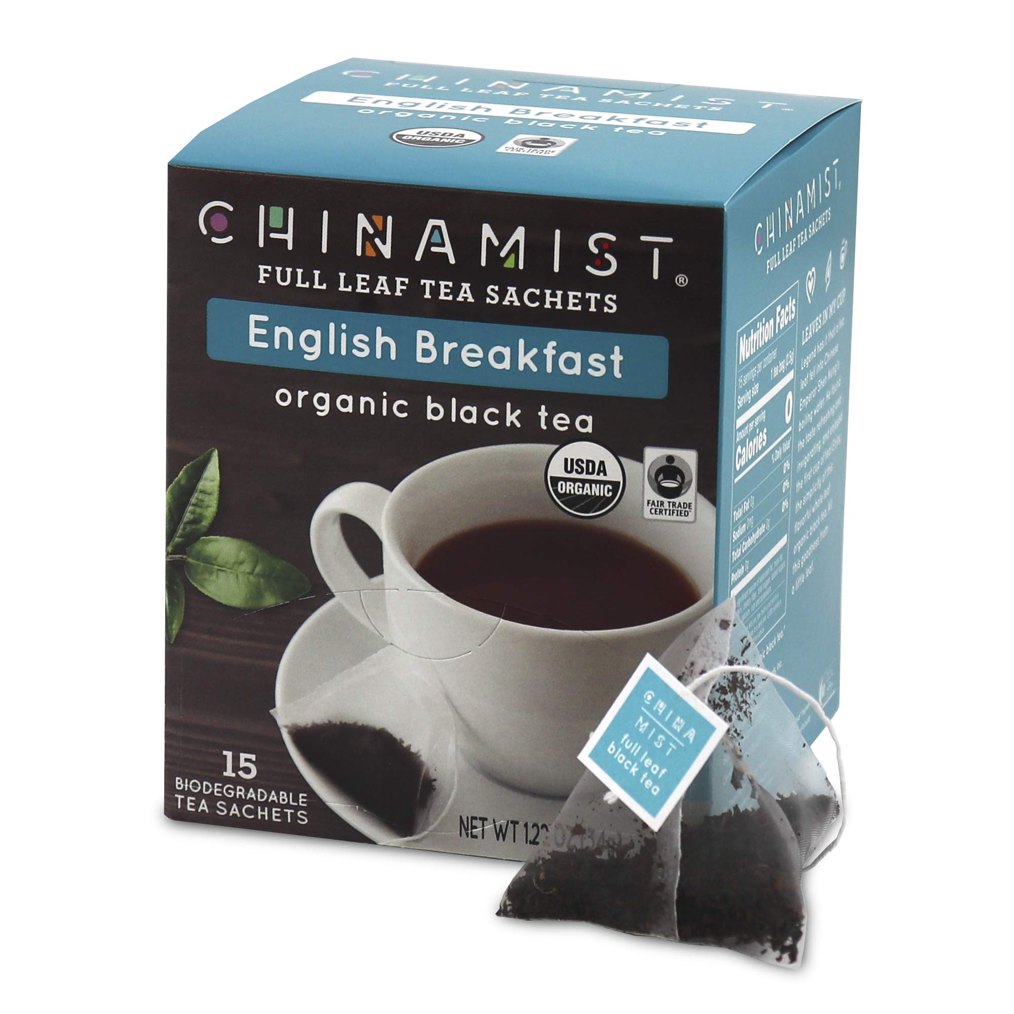 CHINAMIST English Breakfast Full Leaf Black Tea Sachets - Biodegradable, USDA Organic, Fair Trade Certified, Gluten-Free - 15 Count