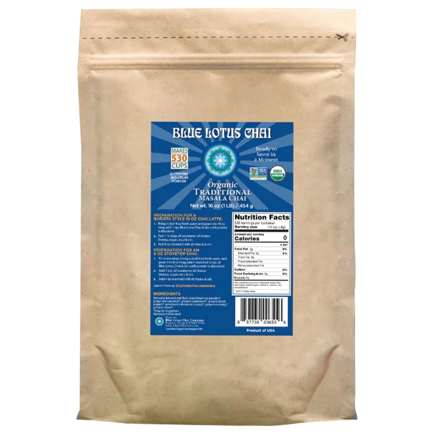 Blue Lotus Chai - Fully Organic Traditional Masala Chai - Makes 530 Cups - 1 Pound Bulk Bag Masala Spiced Chai Powder with Organic Spices - Instant