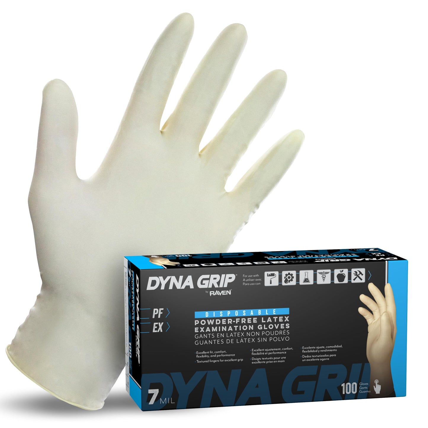 SAS Safety 650-1003 Dyna Grip Powder-Free Premium Latex Disposable Gloves, 7 Mil, Large, 100 Count , White