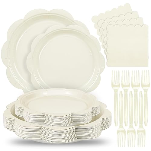 Houuqe 96 Pcs Ivory Paper Plates and Napkins Set Party Supplies, Tableware set for 24 Guest include Disposable Ivory Scalloped Plates, Napkins