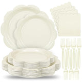 Houuqe 96 Pcs Ivory Paper Plates and Napkins Set Party Supplies, Tableware set for 24 Guest include Disposable Ivory Scalloped Plates, Napkins