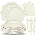 Houuqe 96 Pcs Ivory Paper Plates and Napkins Set Party Supplies, Tableware set for 24 Guest include Disposable Ivory Scalloped Plates, Napkins