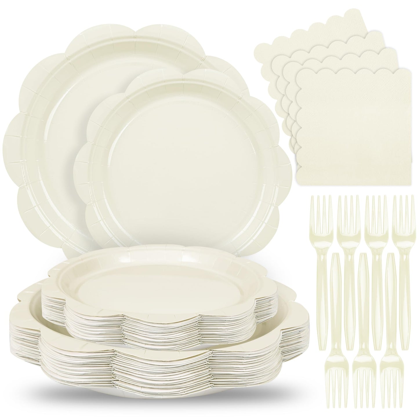 Houuqe 96 Pcs Ivory Paper Plates and Napkins Set Party Supplies, Tableware set for 24 Guest include Disposable Ivory Scalloped Plates, Napkins