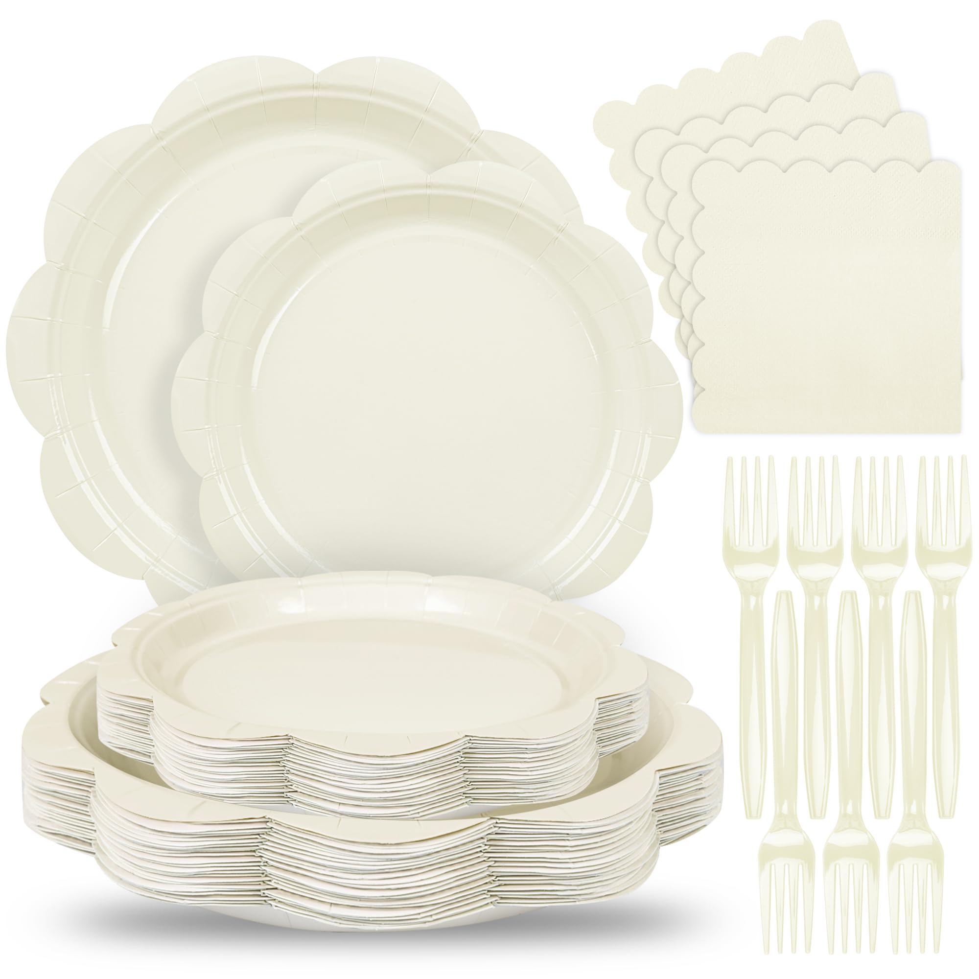 Houuqe 96 Pcs Ivory Paper Plates and Napkins Set Party Supplies, Tableware set for 24 Guest include Disposable Ivory Scalloped Plates, Napkins