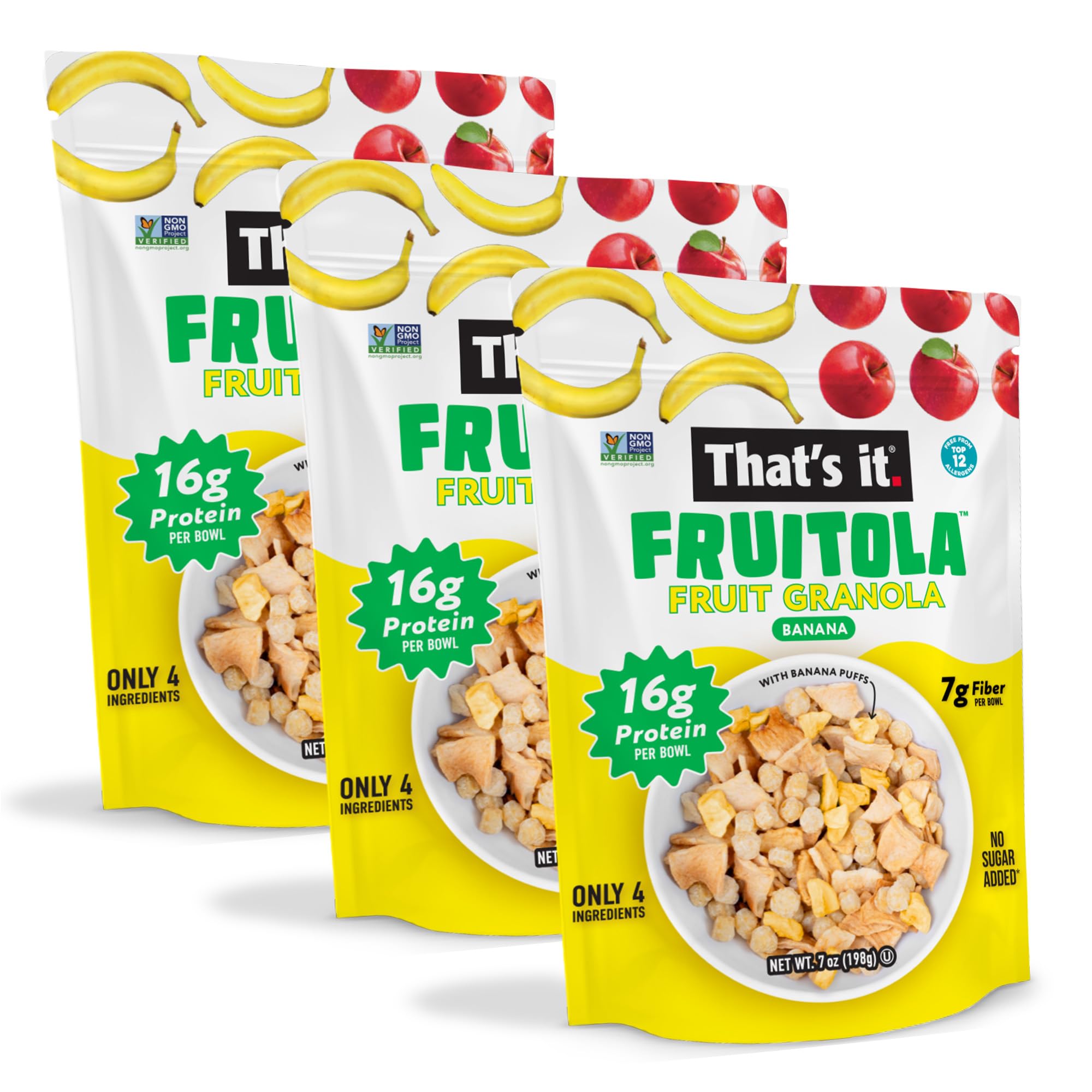 That’s it. Fruitola Fruit Granola - Banana, 16g Plant-Based Protein + 7g Fiber from Fruit Per Bowl, 100% Real Fruits, Only 4 Ingredients, Zero Added
